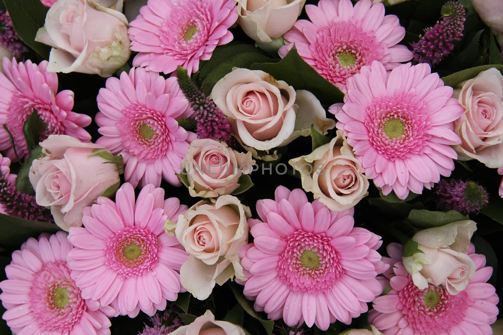 Pink roses and gerberas in a bridal floral arrangement