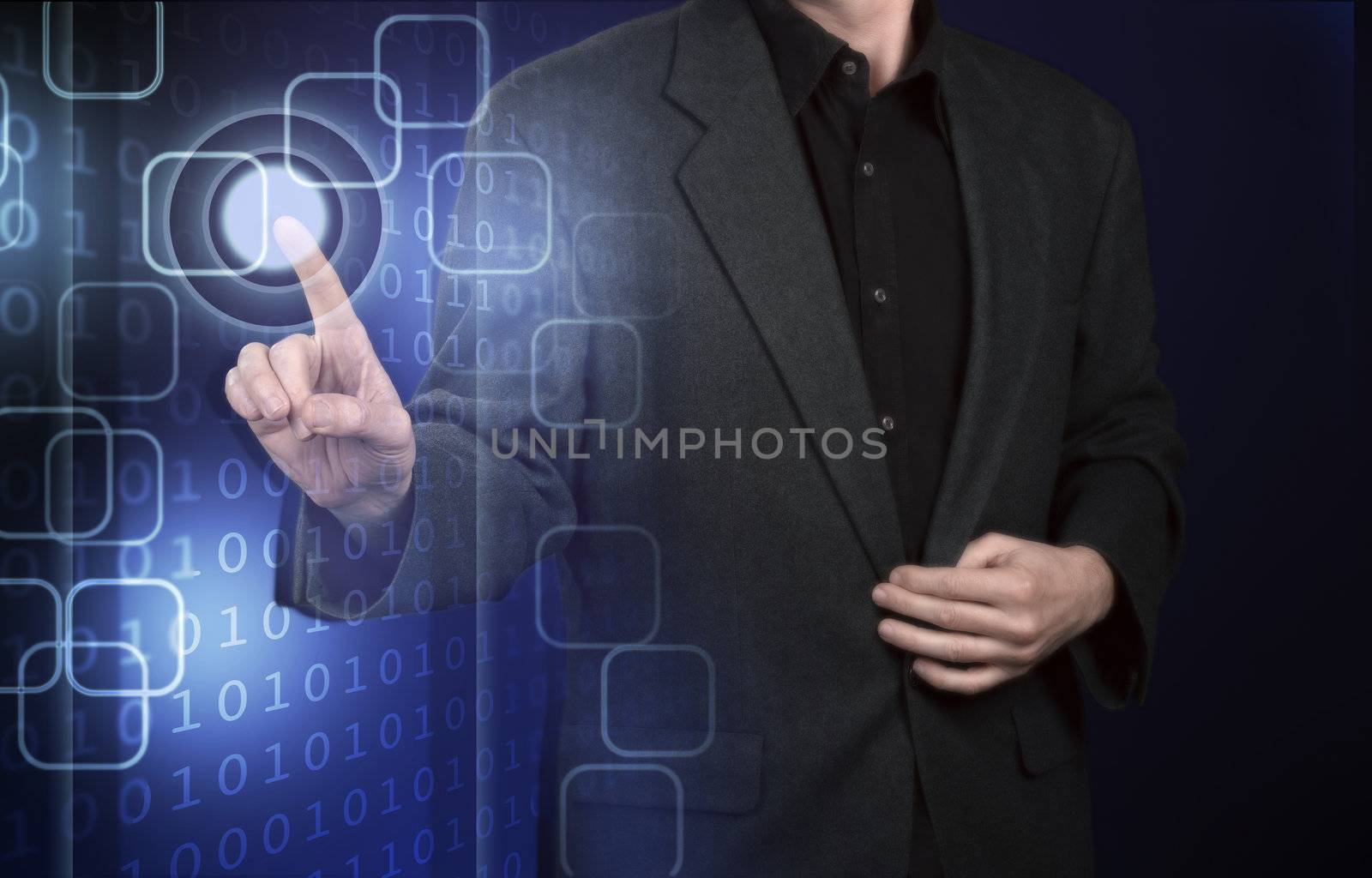 Businessman pressing virtual media type of buttons