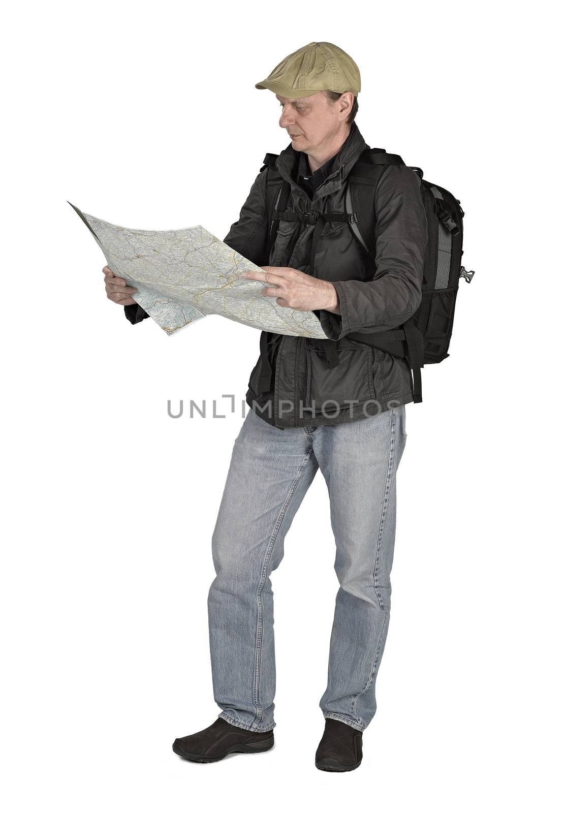  Phtographer hiker with map on white