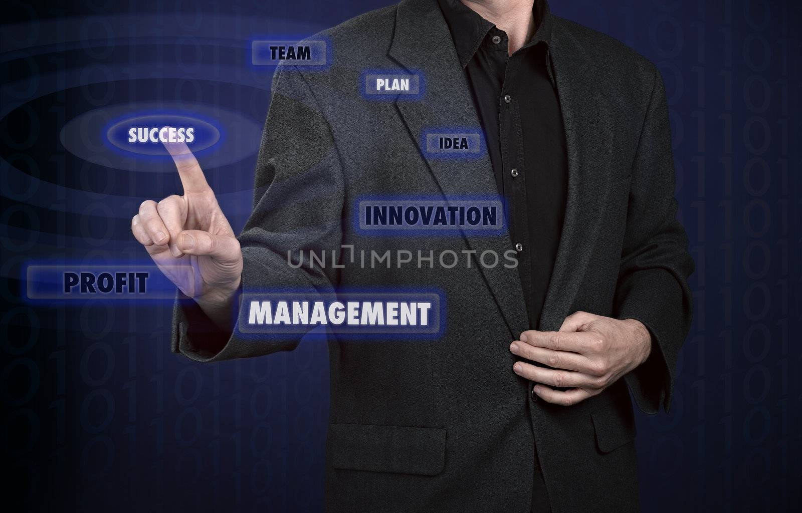 Businessman pressing virtual media type of buttons by pbombaert