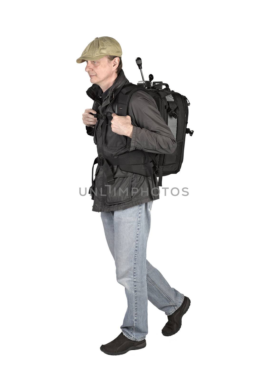 Phtographer hiker, side view on white background