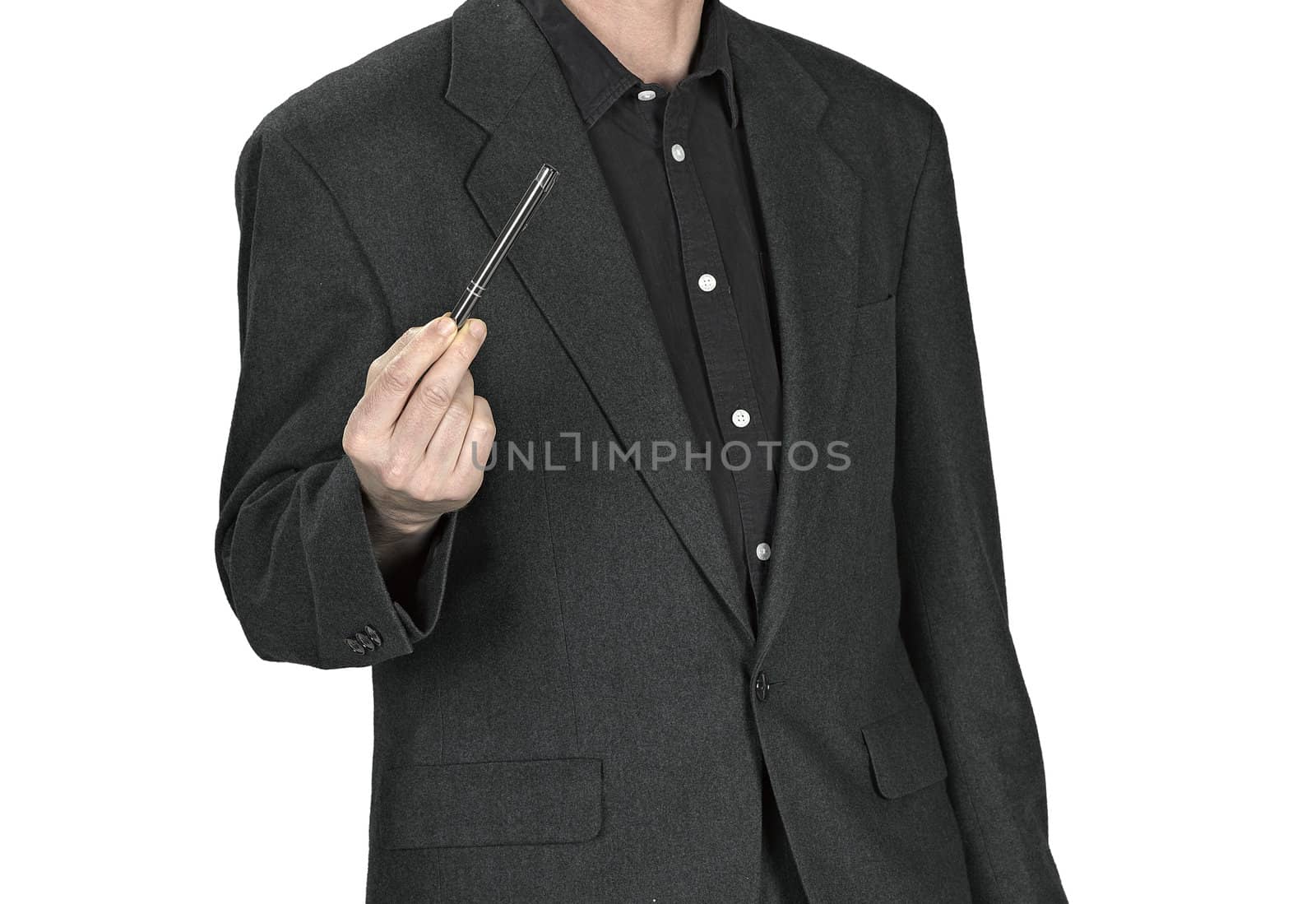 man in a suit pointing with a pen on white background