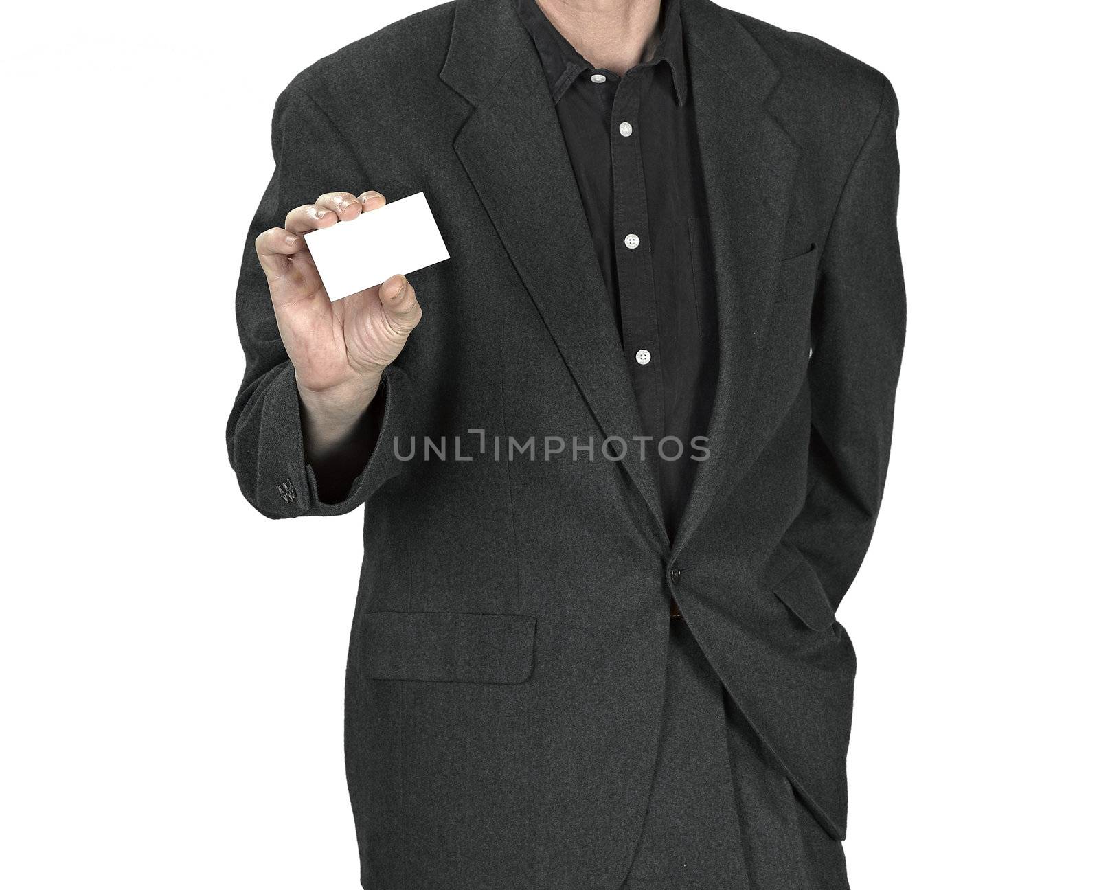 Business man handing a blank business card by pbombaert