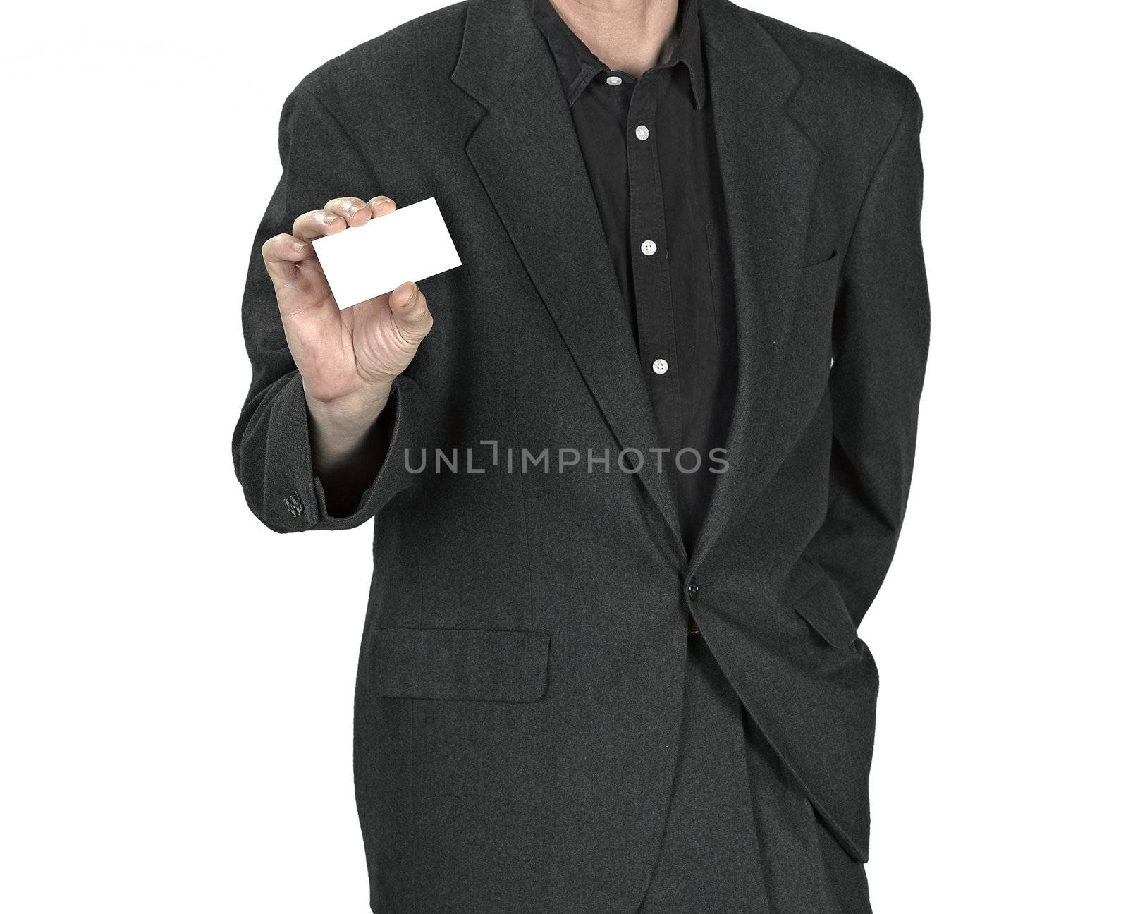 Business man handing a blank business card over white background