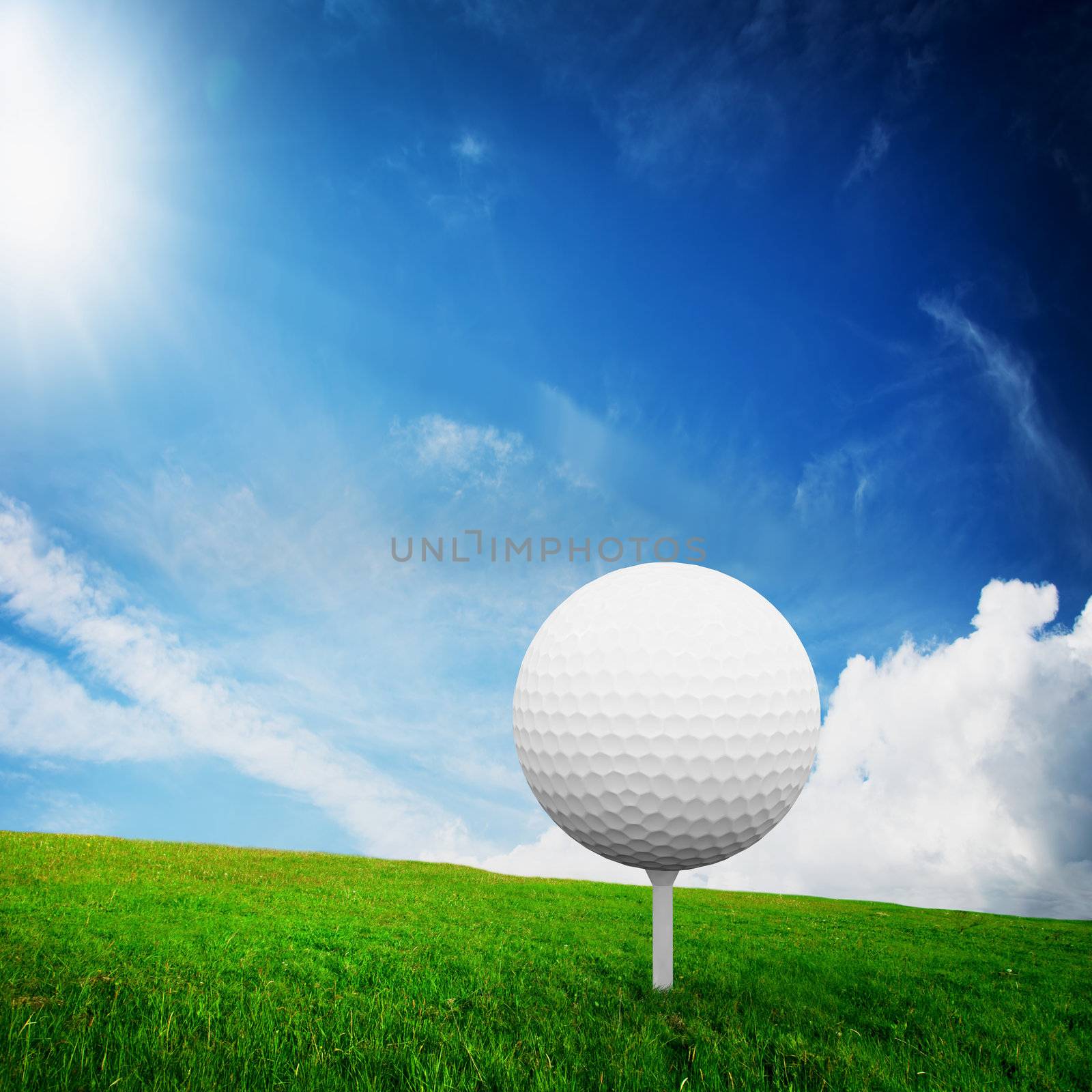 Playing golf. Ball on tee on green golf field by photocreo