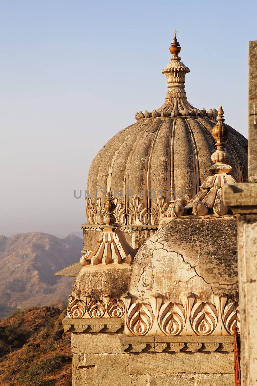 Sunset about to fall over the domes on the guest rooms to the royal visitors of Kumbhalghar Fort Rajasthan India