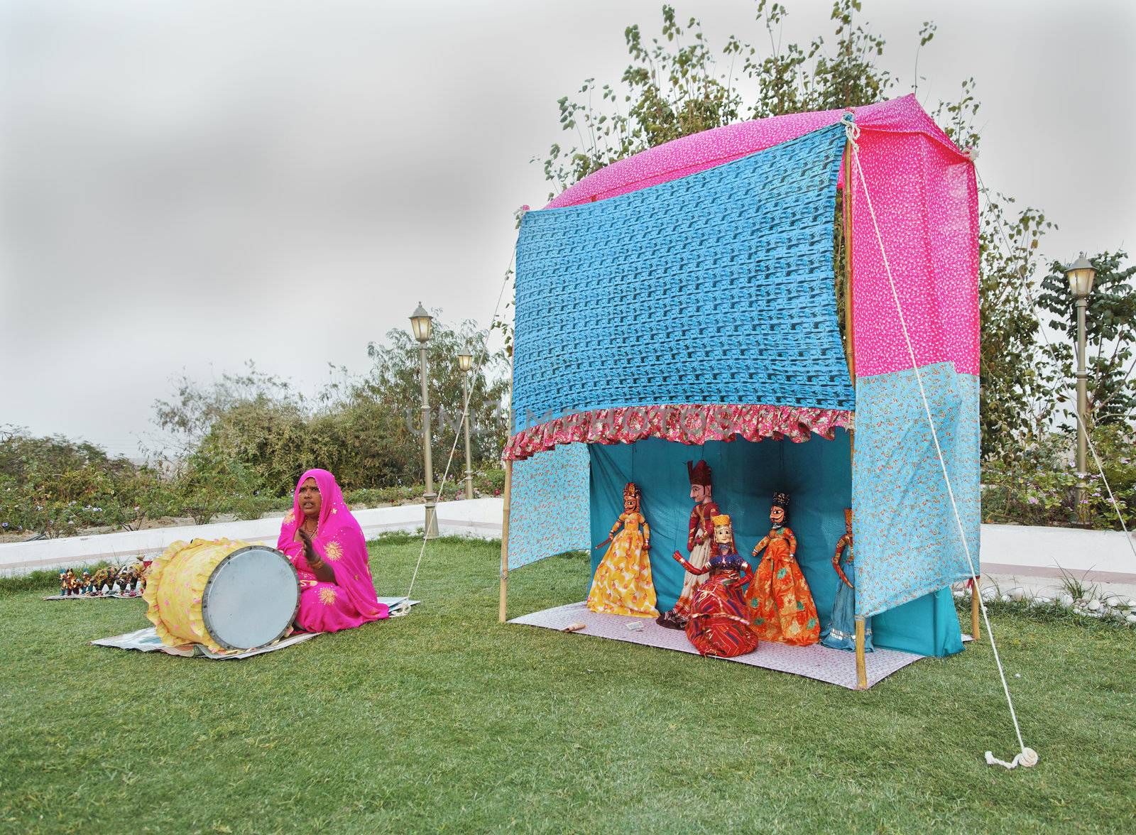 Landscape in a garden of a performance by local puppeteers during and early evening performance, Rajasthan, Indian - March 7, 2012