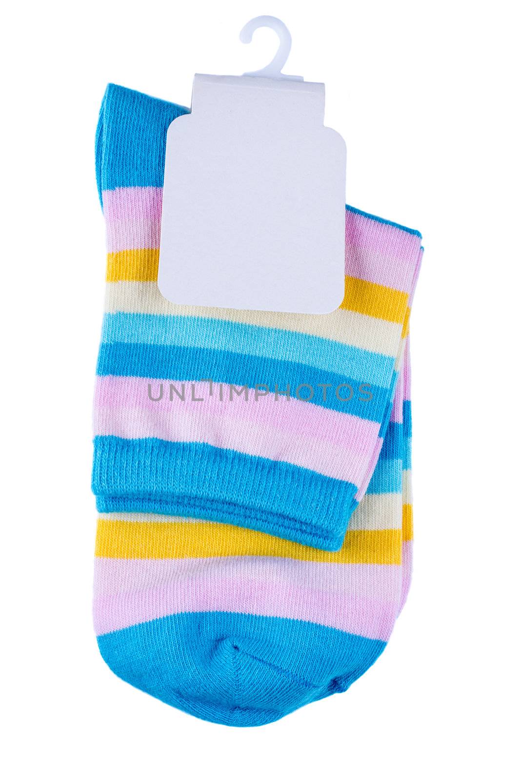 Multicolored striped socks with tag isolated
