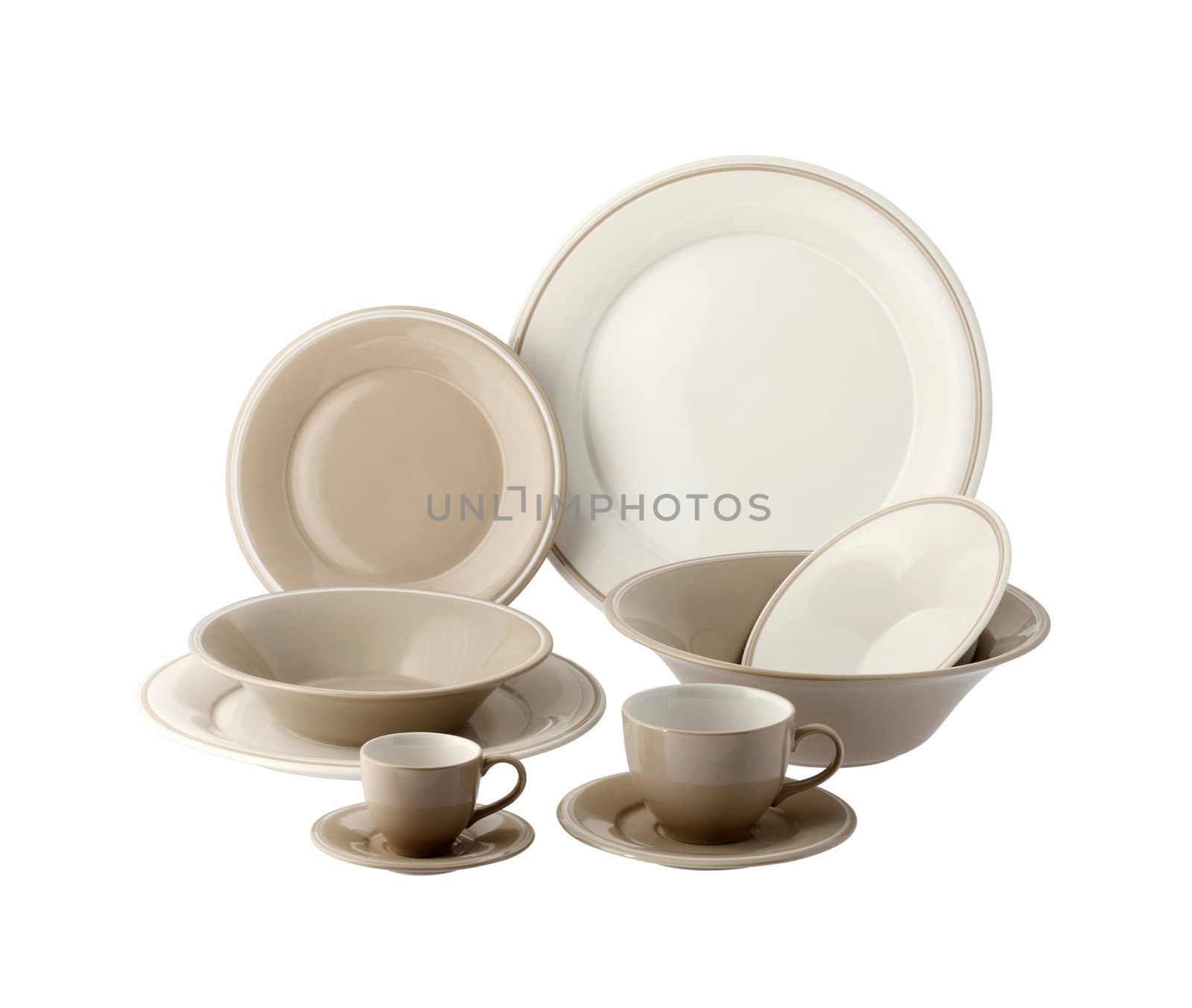 Set of colored Porcelain dishes, isolated on white background by stokkete