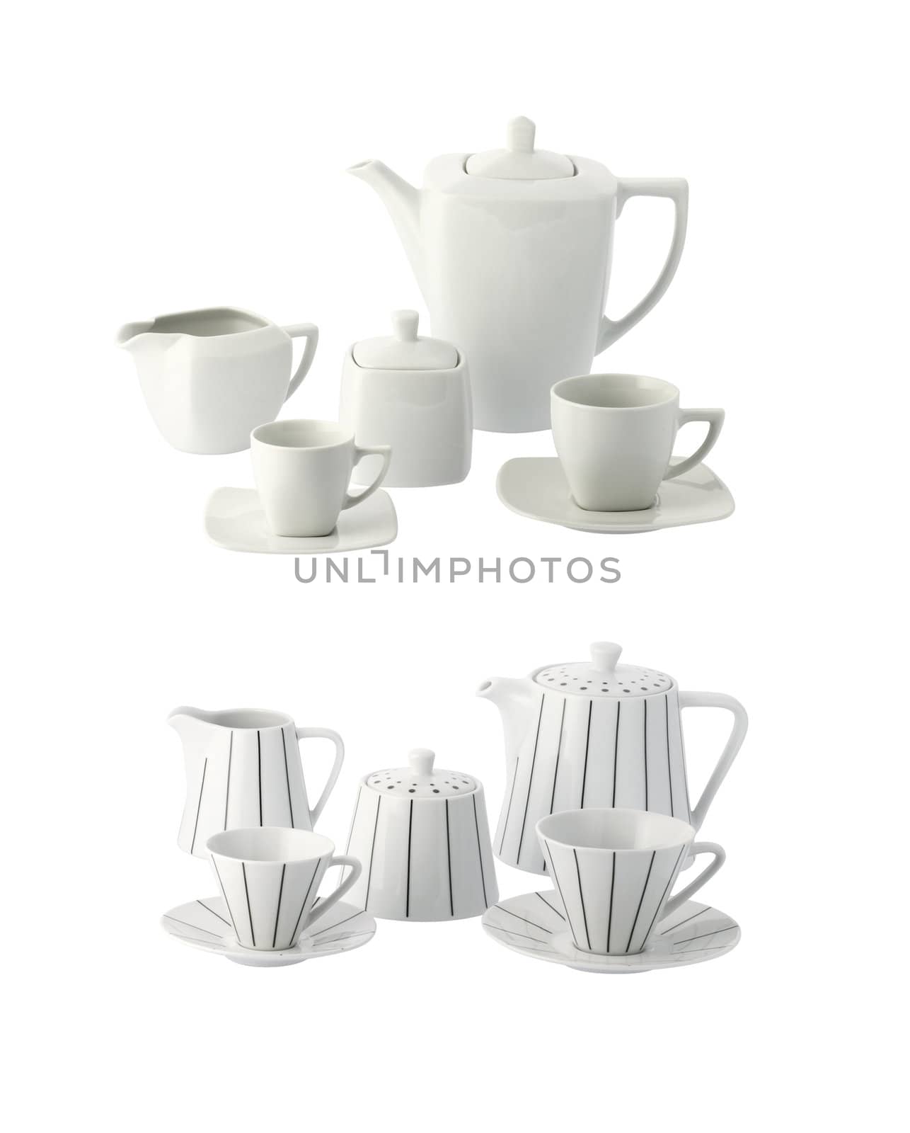 white porcelain tea set, isolated on white background by stokkete