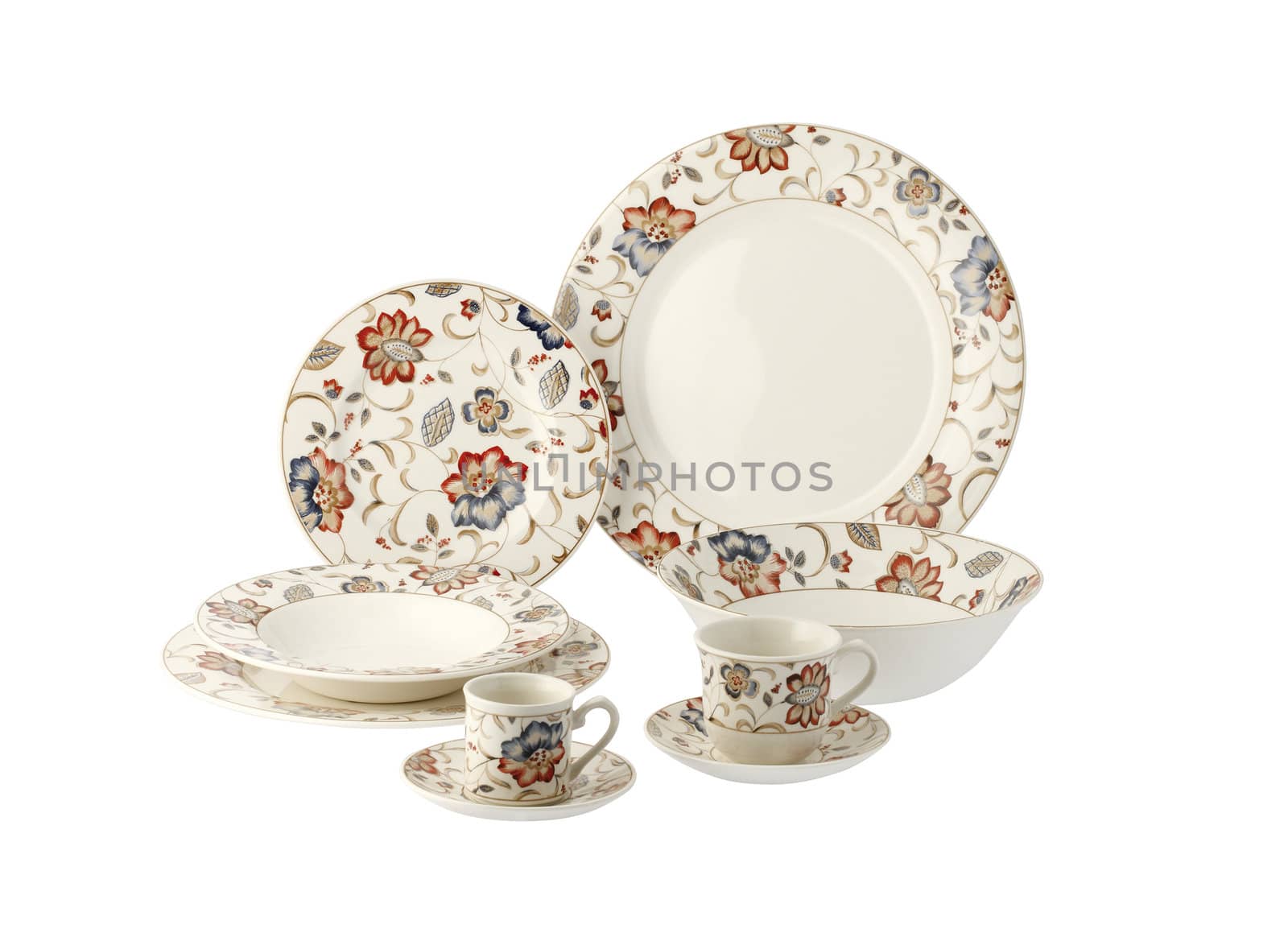 Set of white and decorated porcelain dishes, isolated on white background