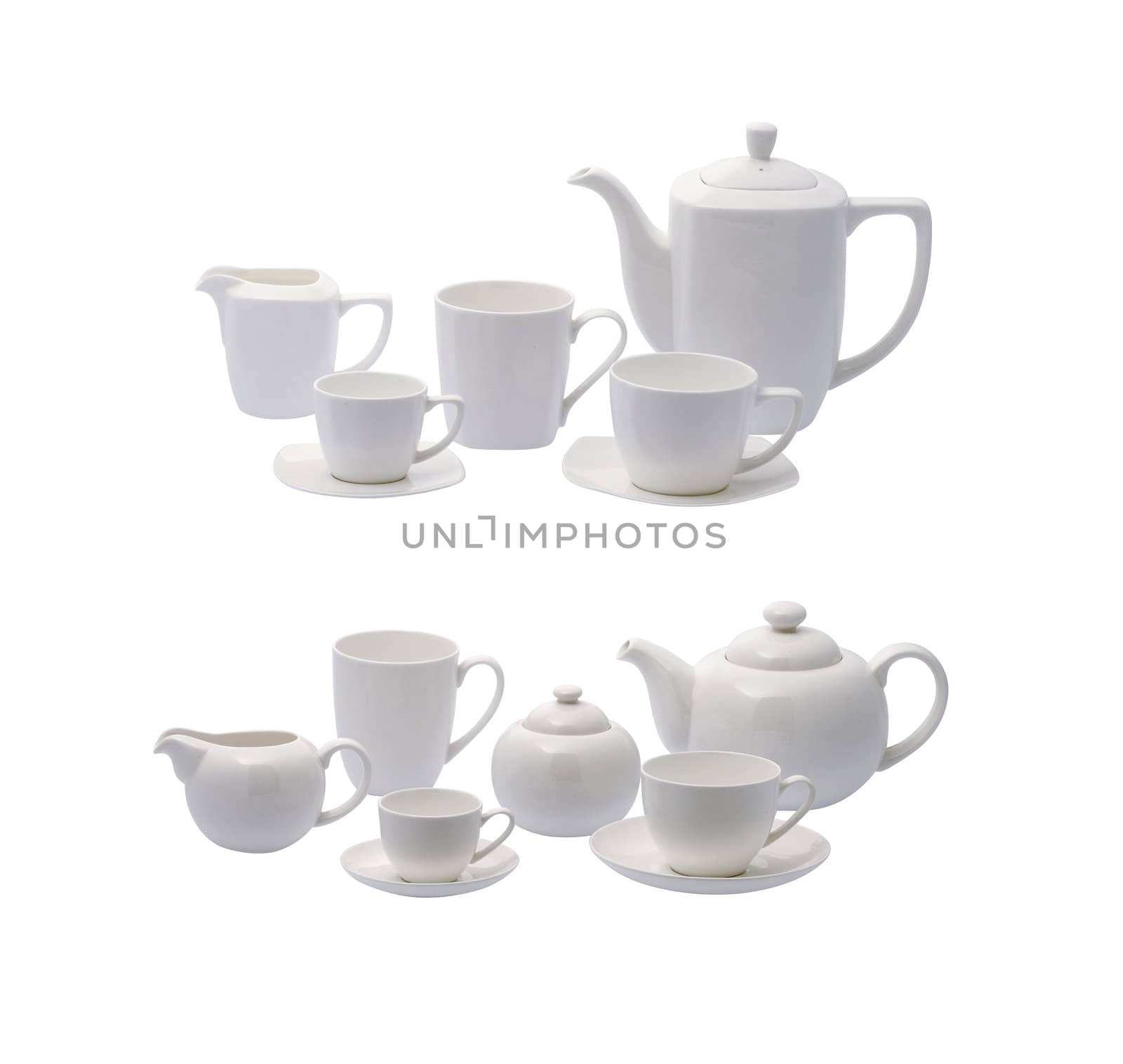 white porcelain tea set, isolated on white background by stokkete