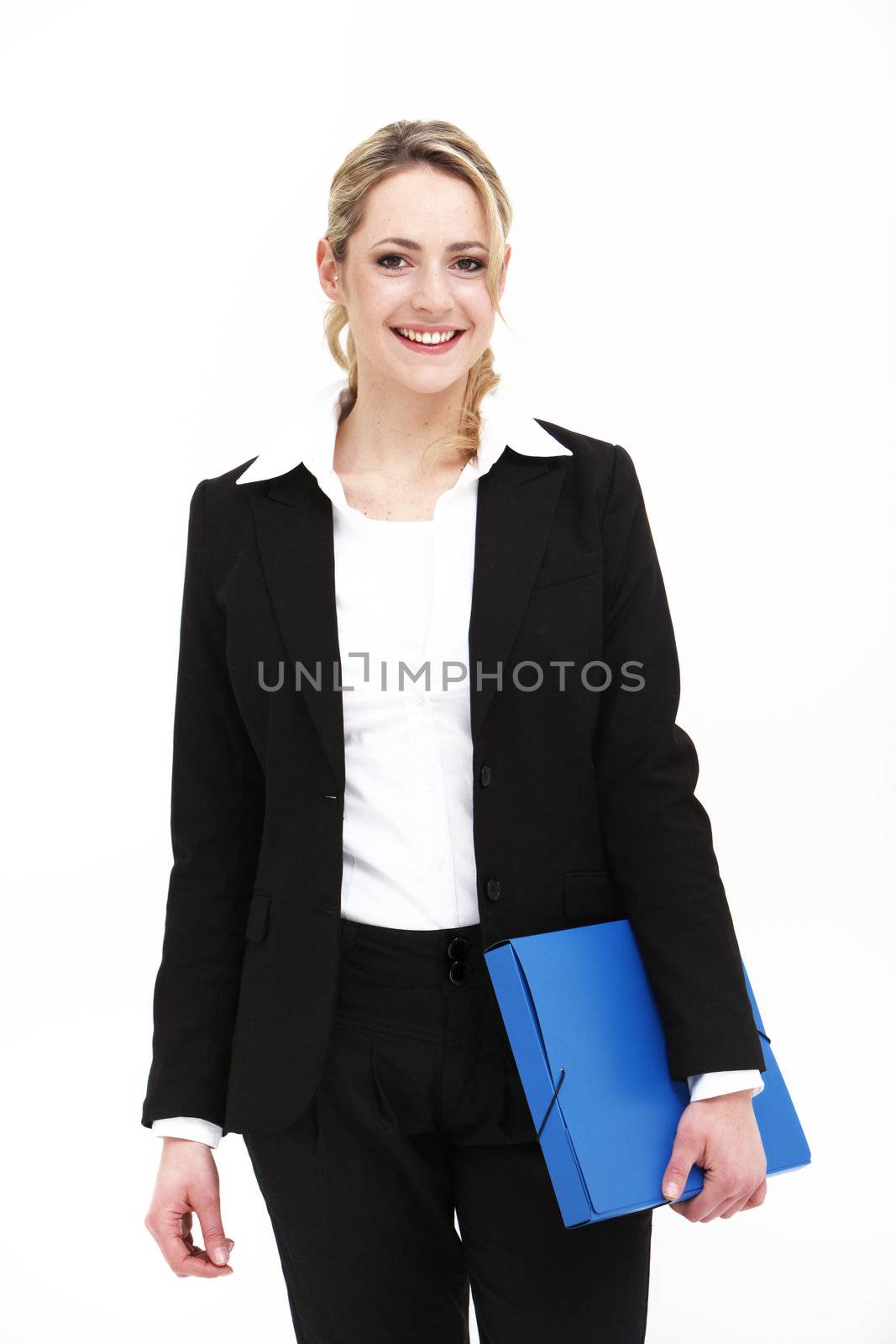 Studio shot of smiling business woman with blue folder in her hand on white background