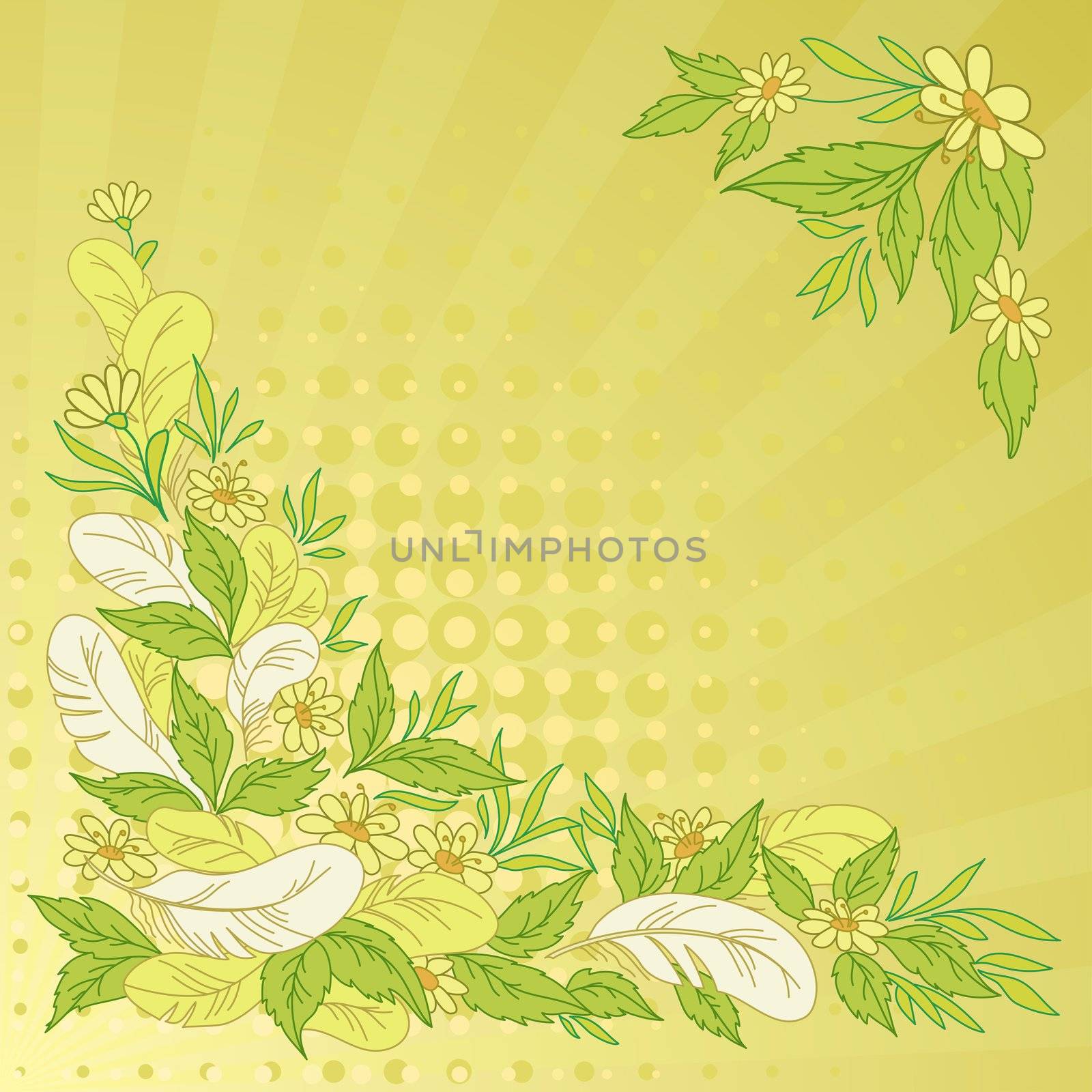 Abstract floral background: leaves, flowers, feathers, rays and circles on green and yellow