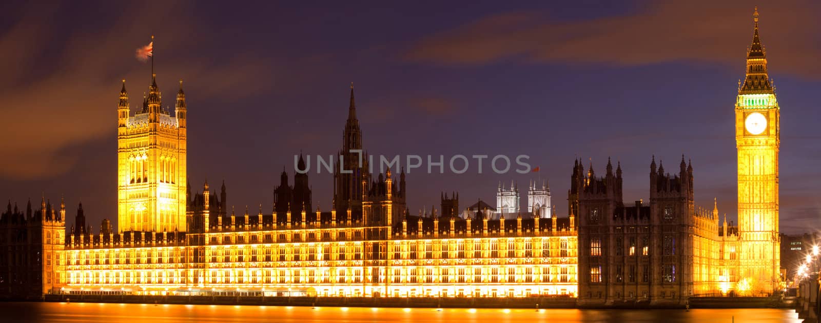House of Parliament and City of Westminster Big Ben at Night Panorama, London England UK