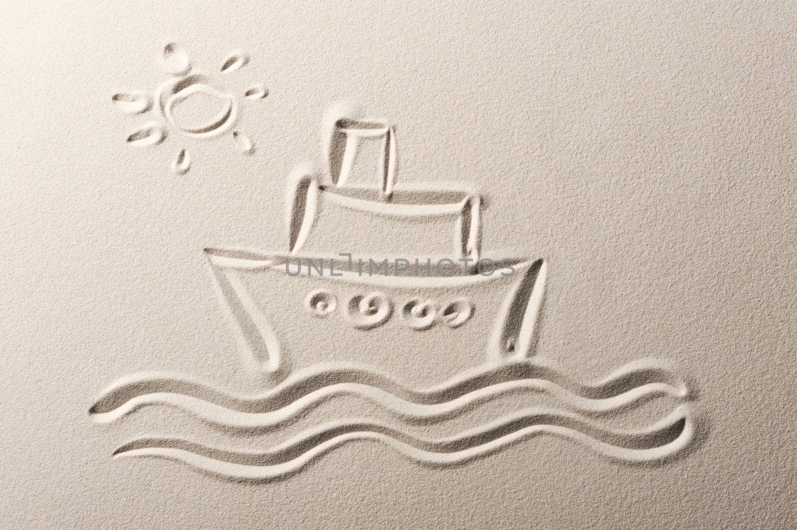 Beach background , drawing of a cruise liner