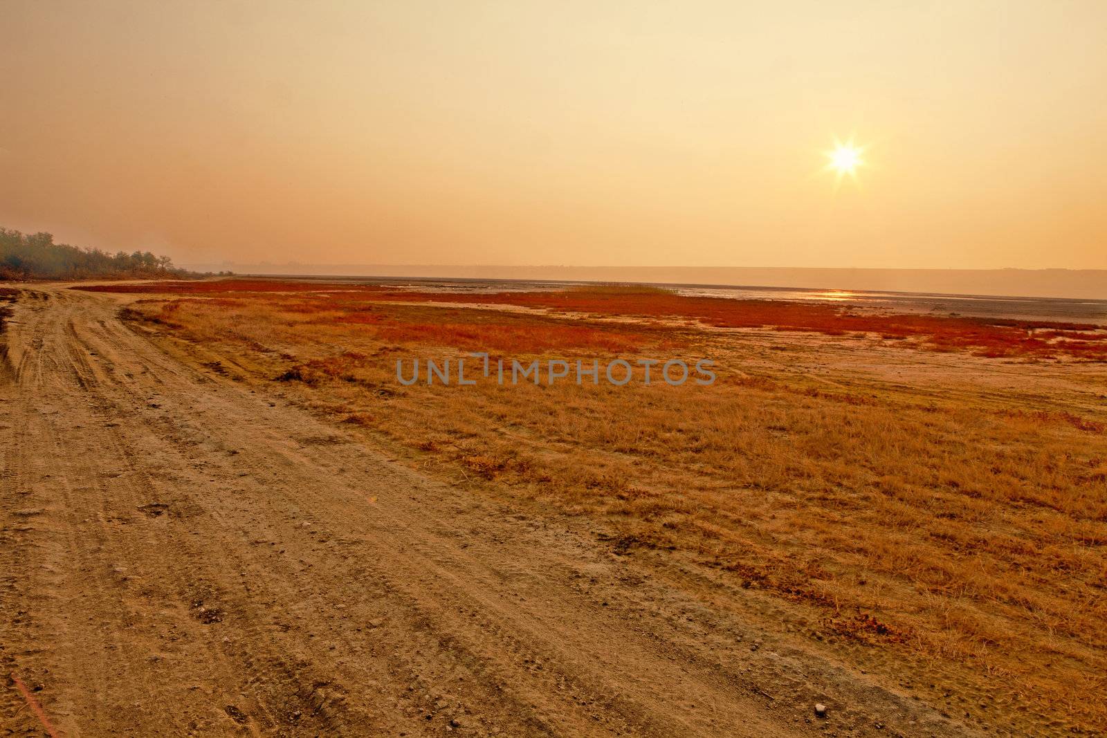 Dried-up salt lake at sunset at Kuyalnik lake