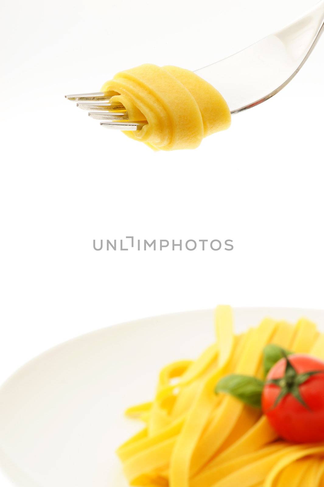 Rolled spaghetti on a fork by stokkete