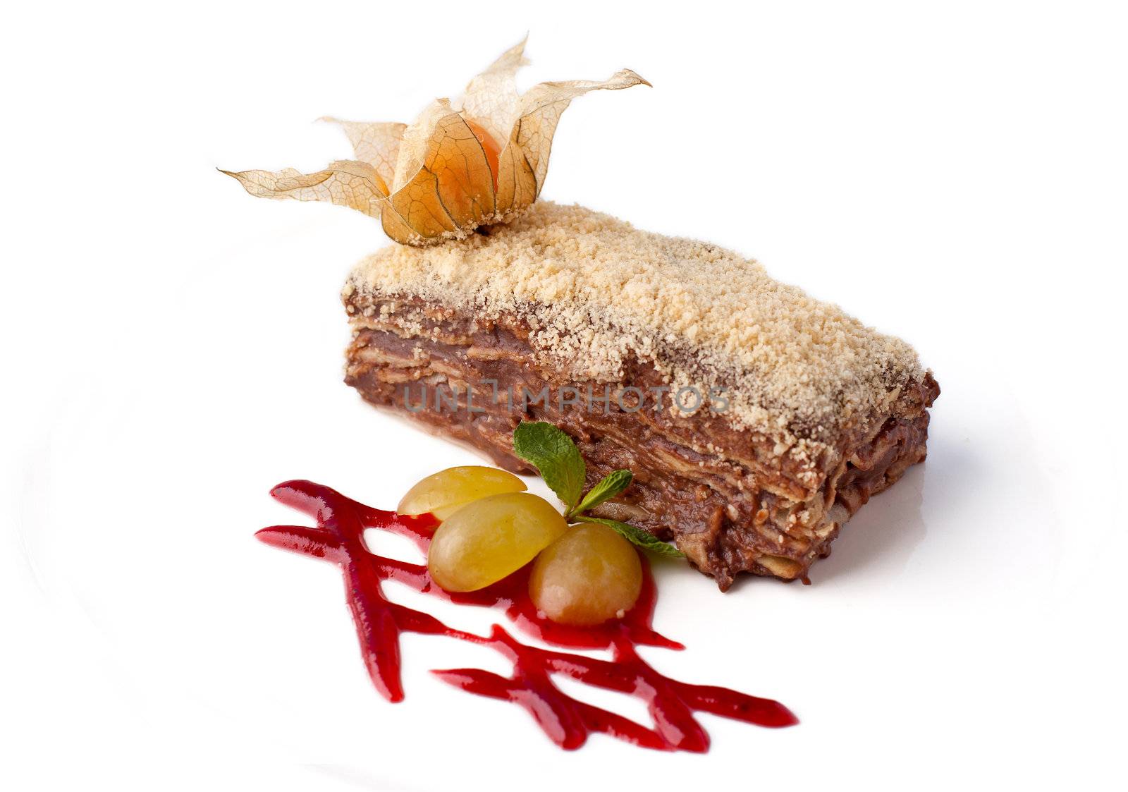 Sweet chocolate cake with winter cherry and jam