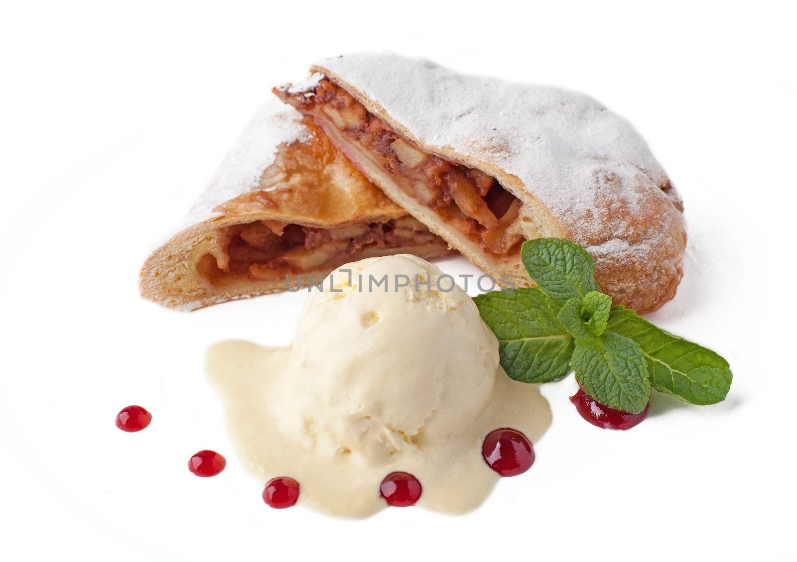 Fresh apple cake with ice cream and mint