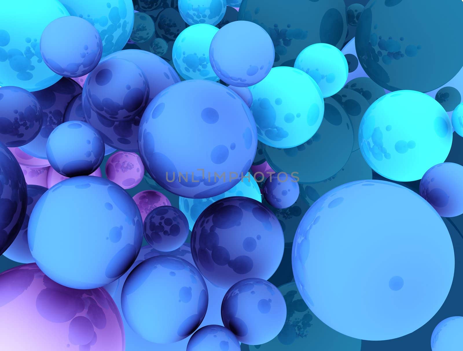 Conceptual abstract background consisting of spheres fulfilling whole area of view. Concept is rendered with slight reflections. Spheres are portrayed in various sizes and blue with violet color variations.