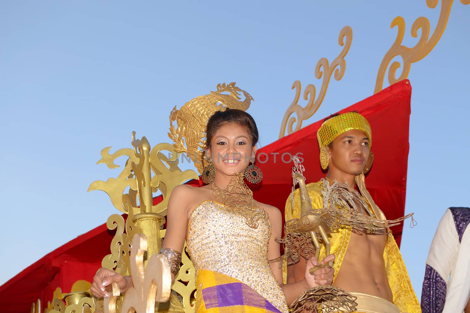 MANILA, PHILIPPINES - APR. 14: pageant contestant in her cultural dress pauses during Aliwan Fiesta, which is the biggest annual national festival competition on April 14, 2012 in Manila Philippines.
