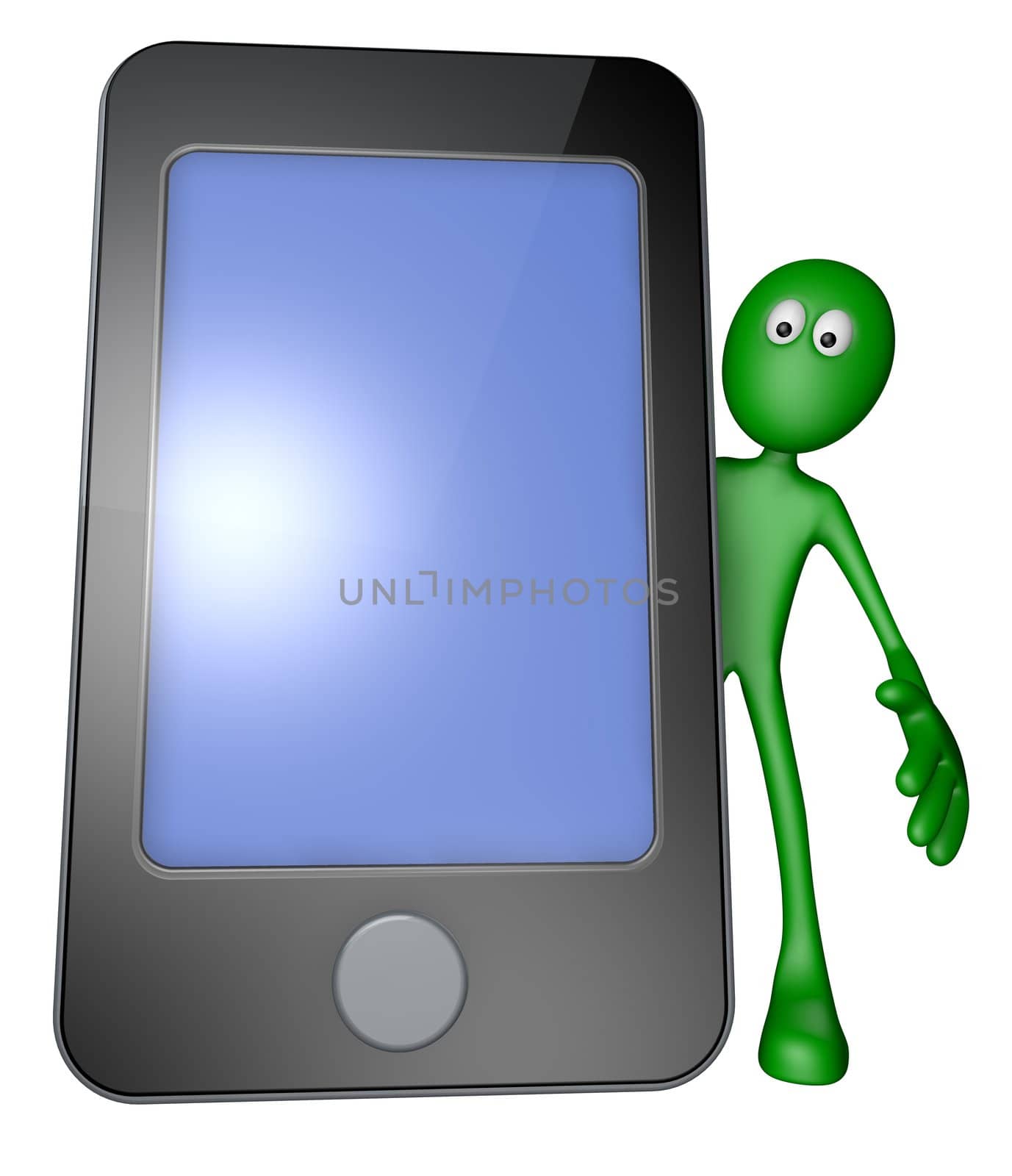 green guy behind smartphone - 3d illustration