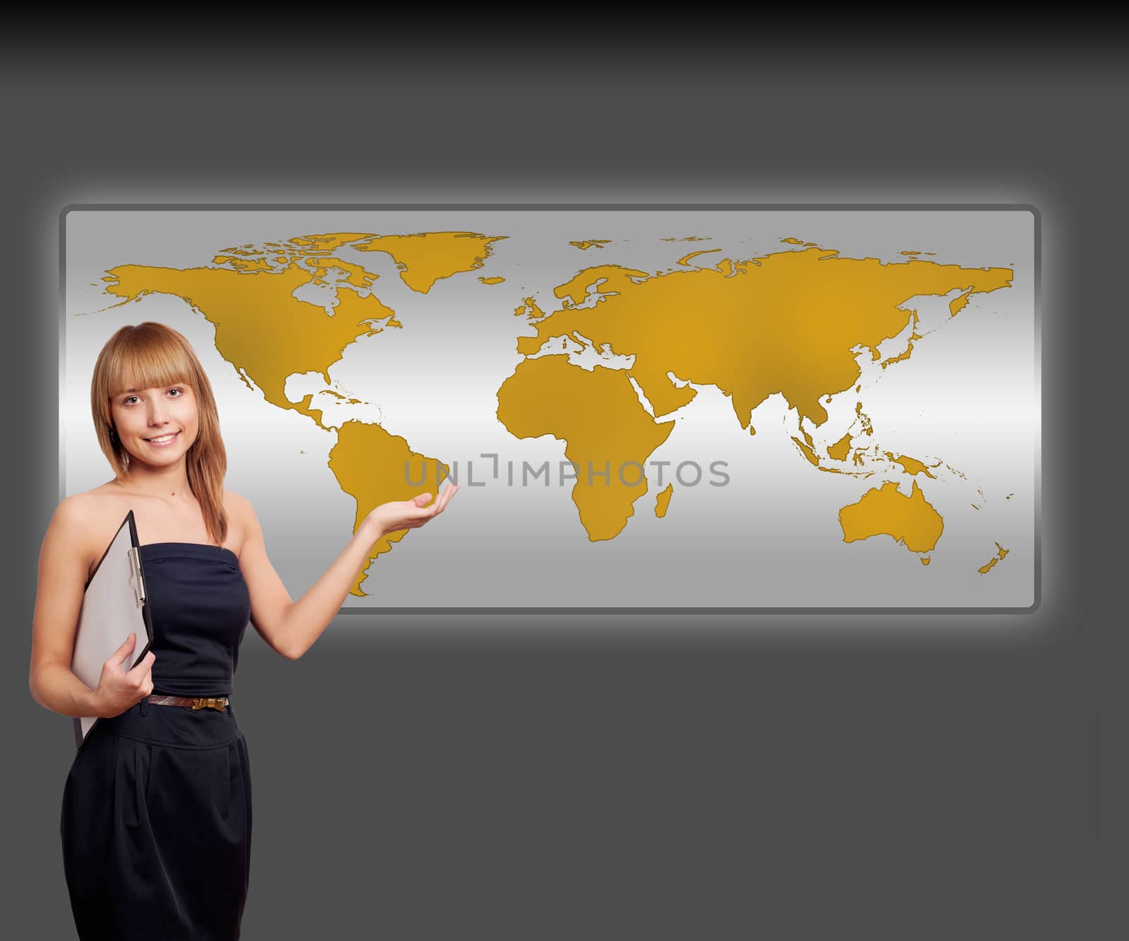 beautiful woman shows a screen with world map