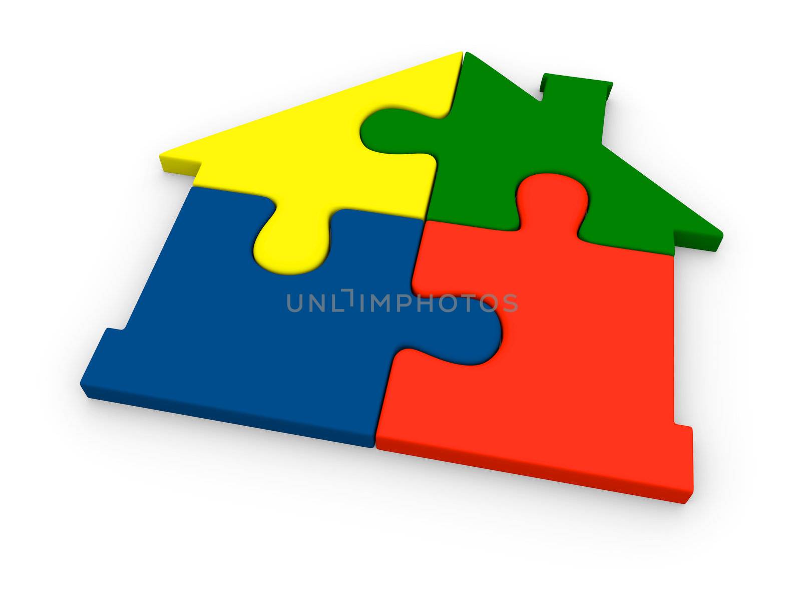 Colorful house symbol made of four colorful jigsaw pieces
