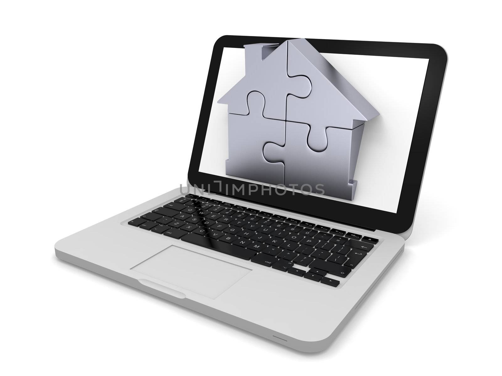 House symbol made of four silver puzzle pieces sticking out of laptop screen