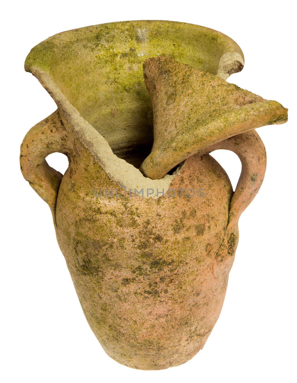 Broken clay jar, isolated on background