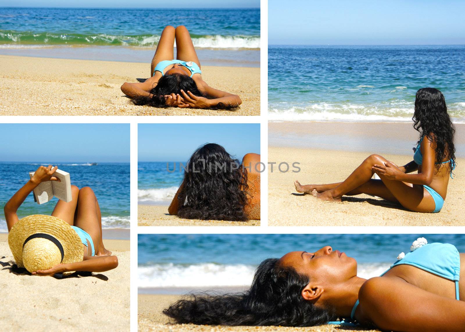 Collage of photos of a woman enjoying herself on the beach. 