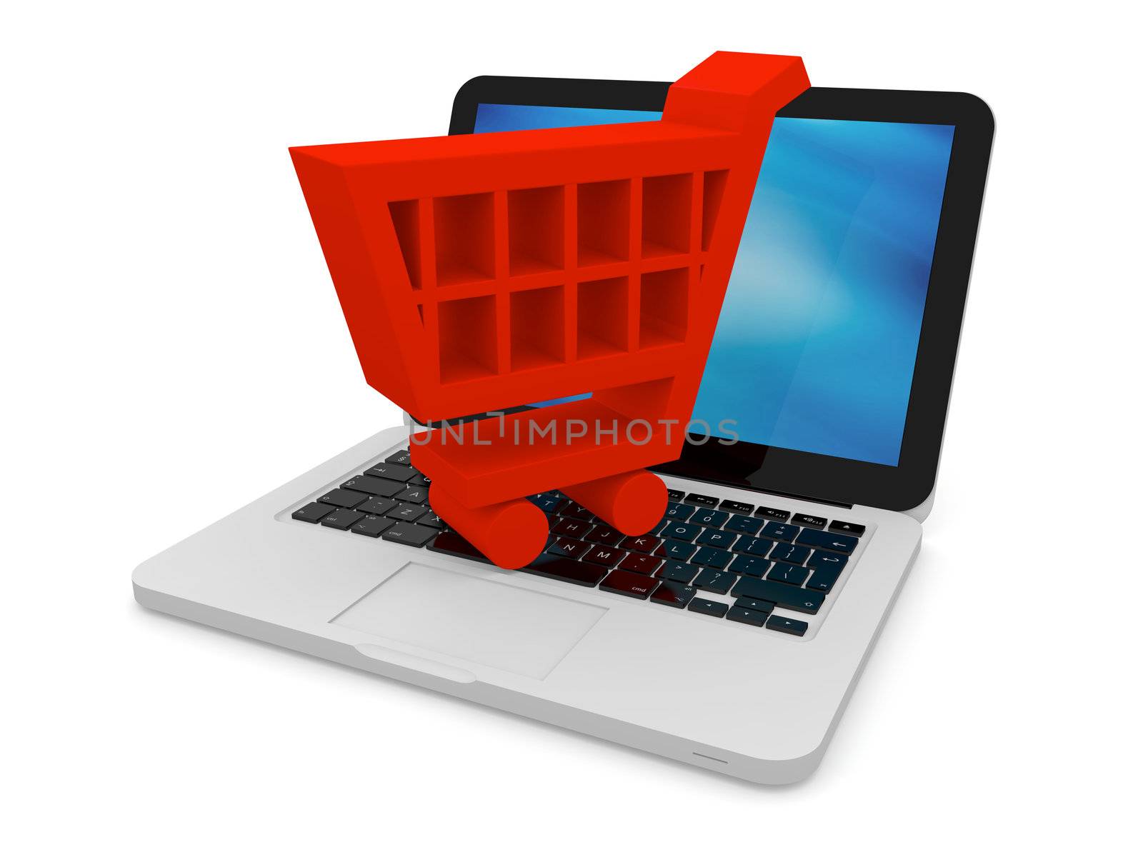 3D illustration of shopping trolley symbol on a laptop