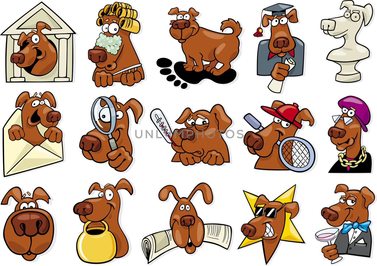 cartoon illustration of funny dogs icons set