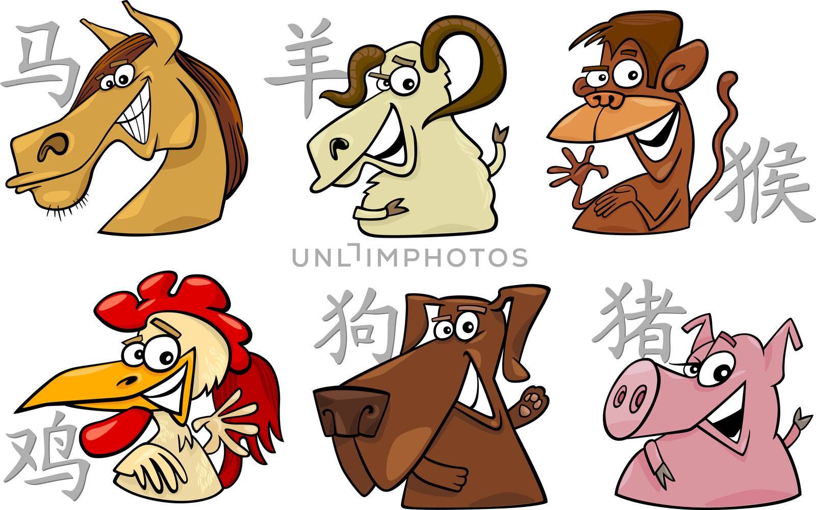 cartoon illustration of six chinese zodiac signs set