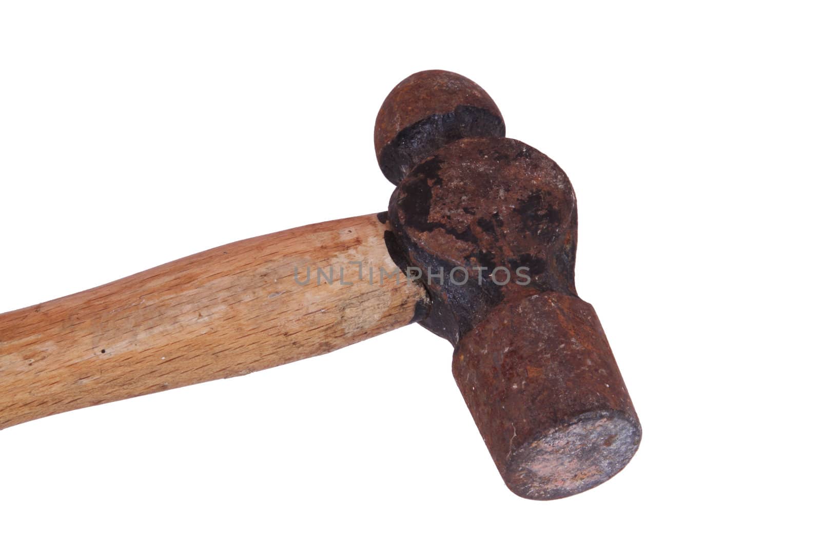 Old, rusty hammer on a white background.