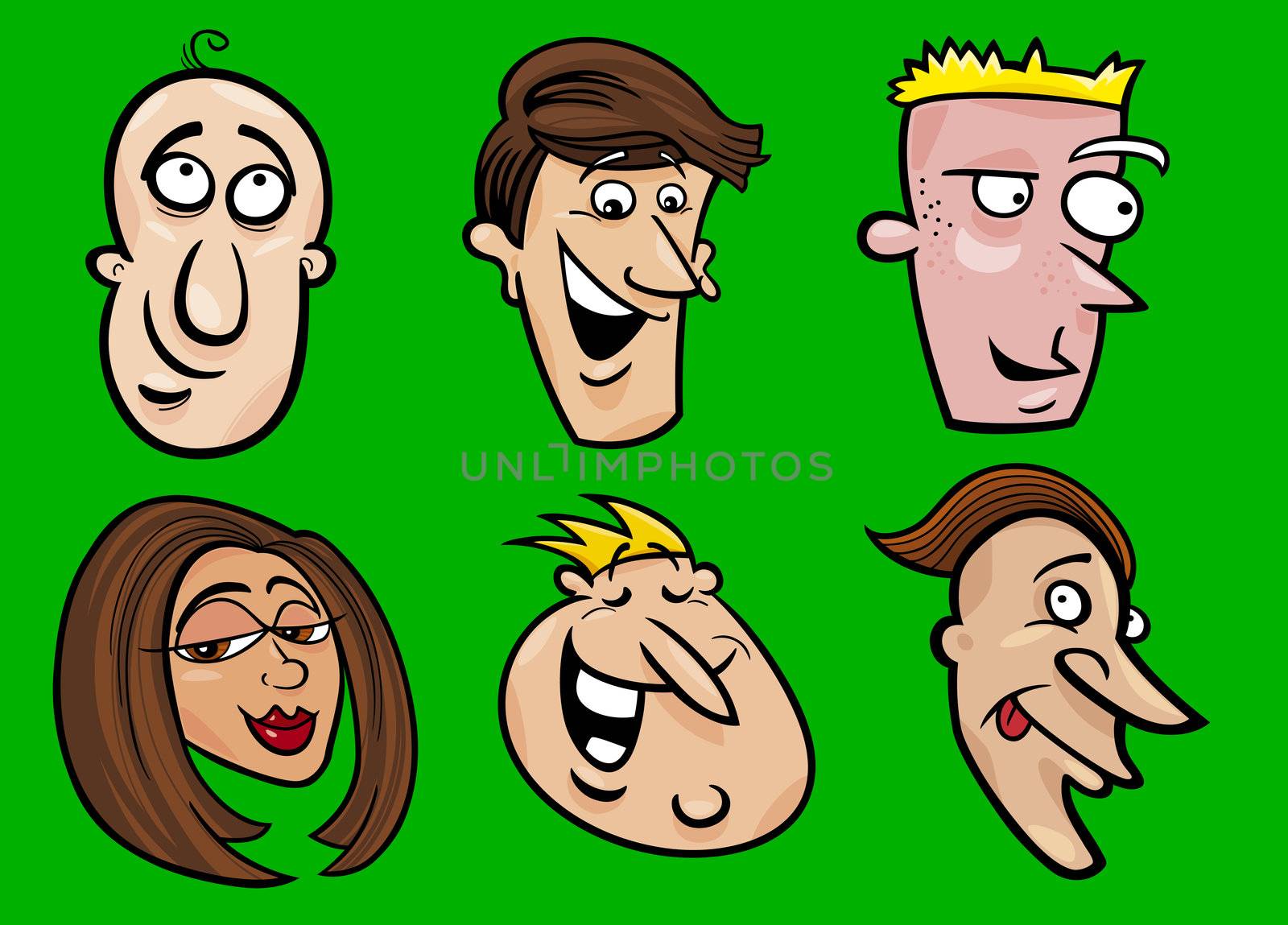 Cartoon illustration of happy people faces set