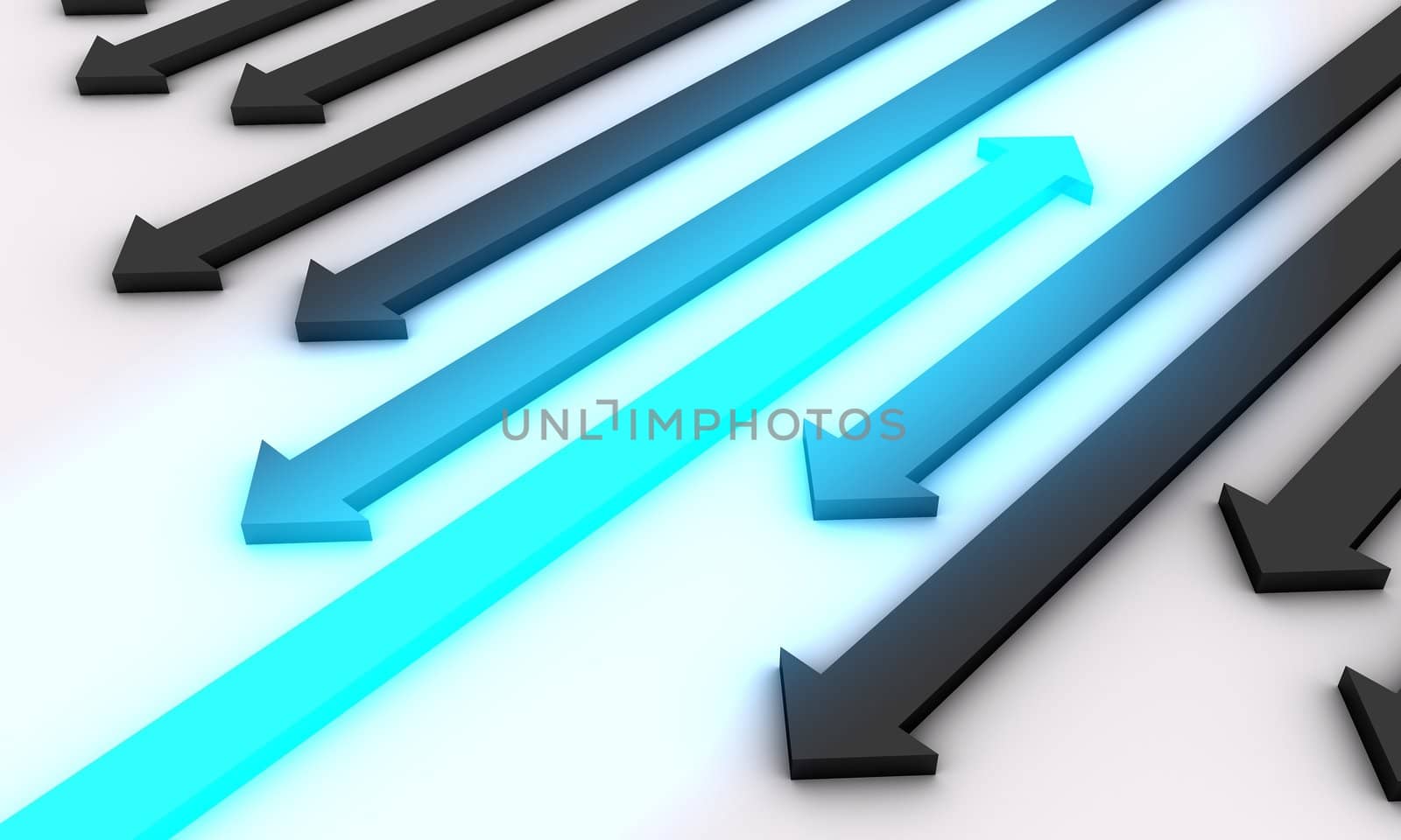 Concept of right direction leader. Idea is portrayed by black arrows going backwards (in wrong direction) whereas only singe arrow glowing in light blue color heads forward (in the right direction) which makes it direction leader. Scene rendered on white background.