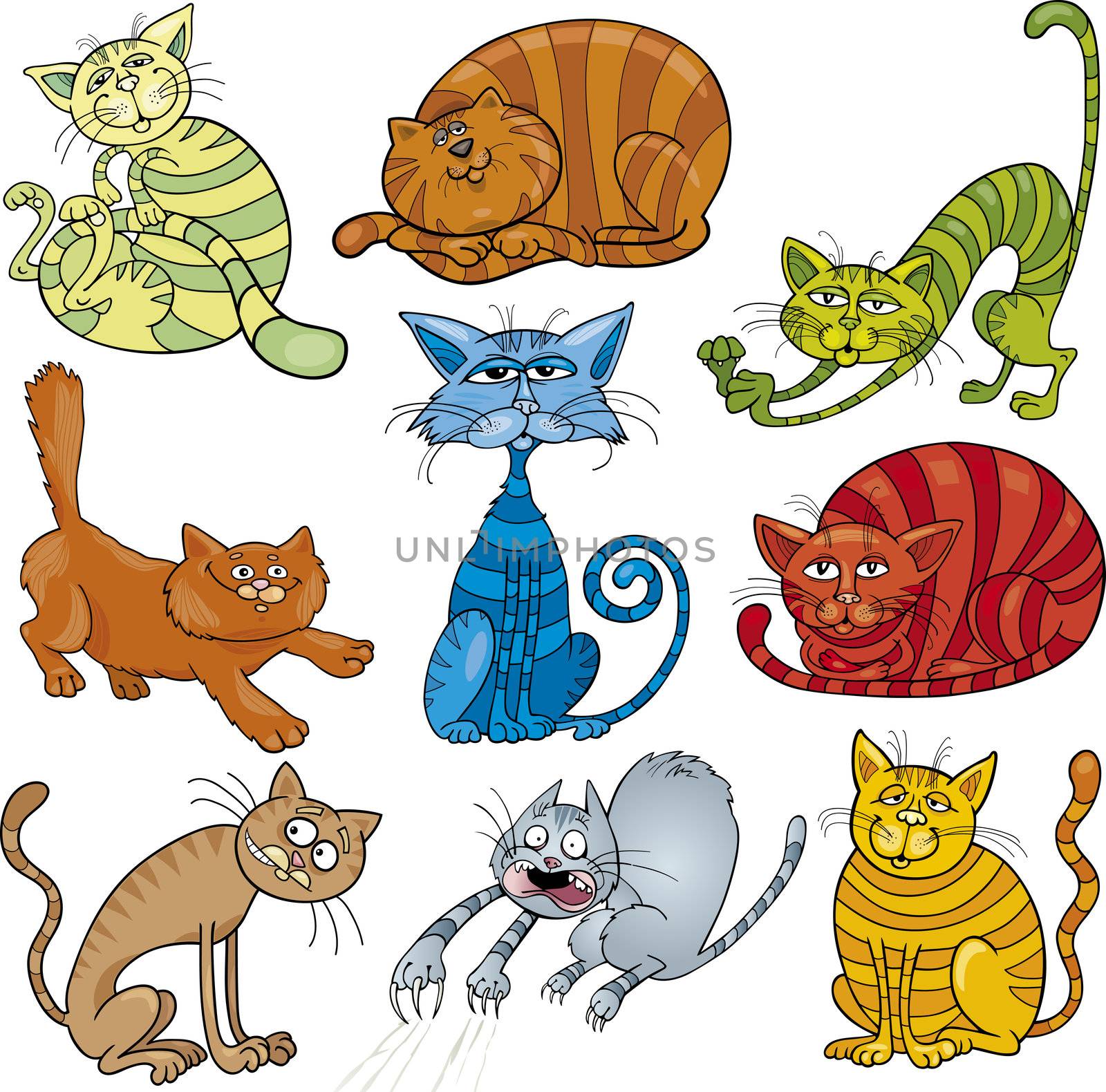 cartoon illustration of funny nine cats set