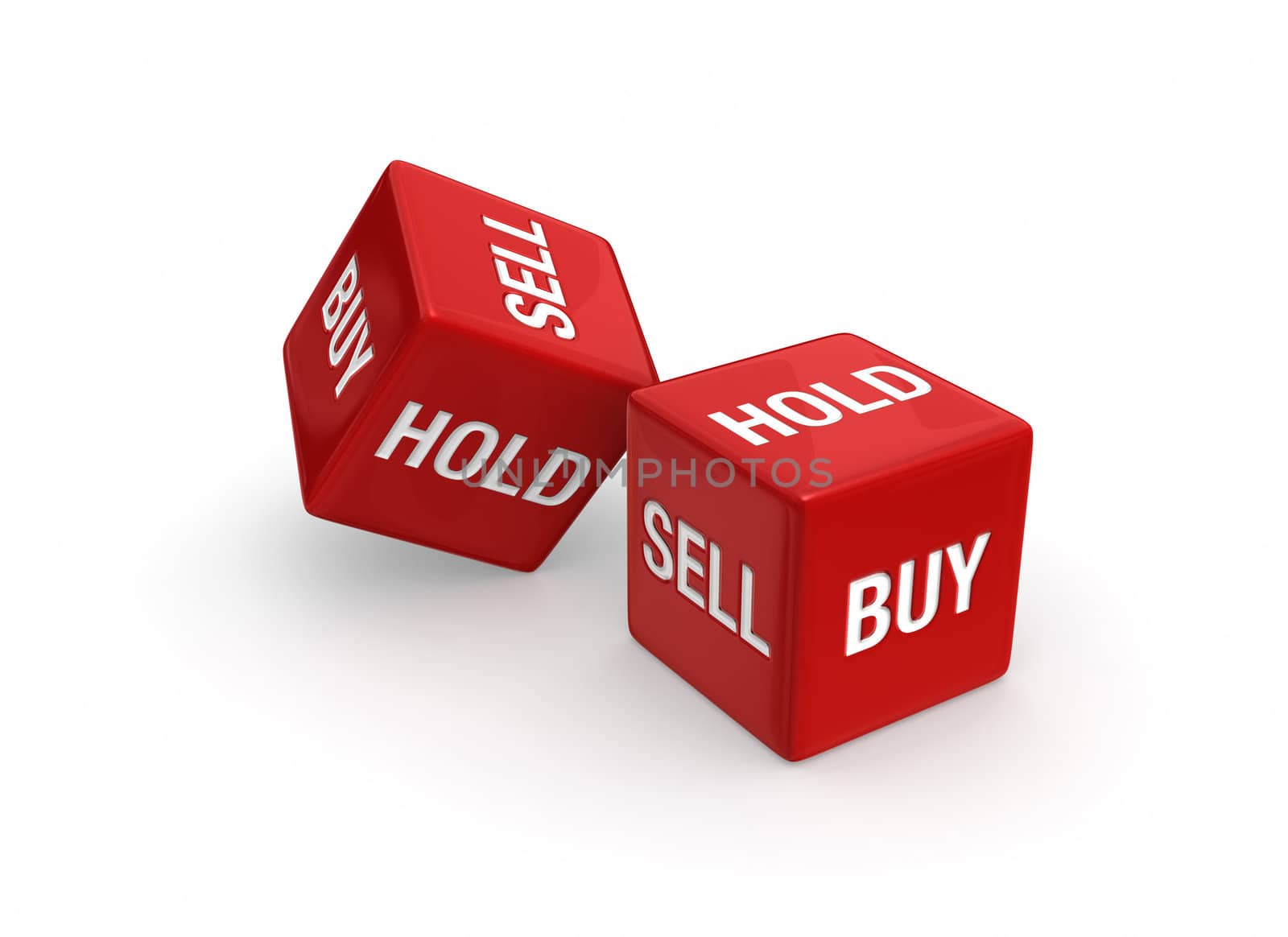 Photo-real illustration of Two red dice engraved with "Buy", "Sell", and "Hold" embossed on sides.  Isolated on white background.