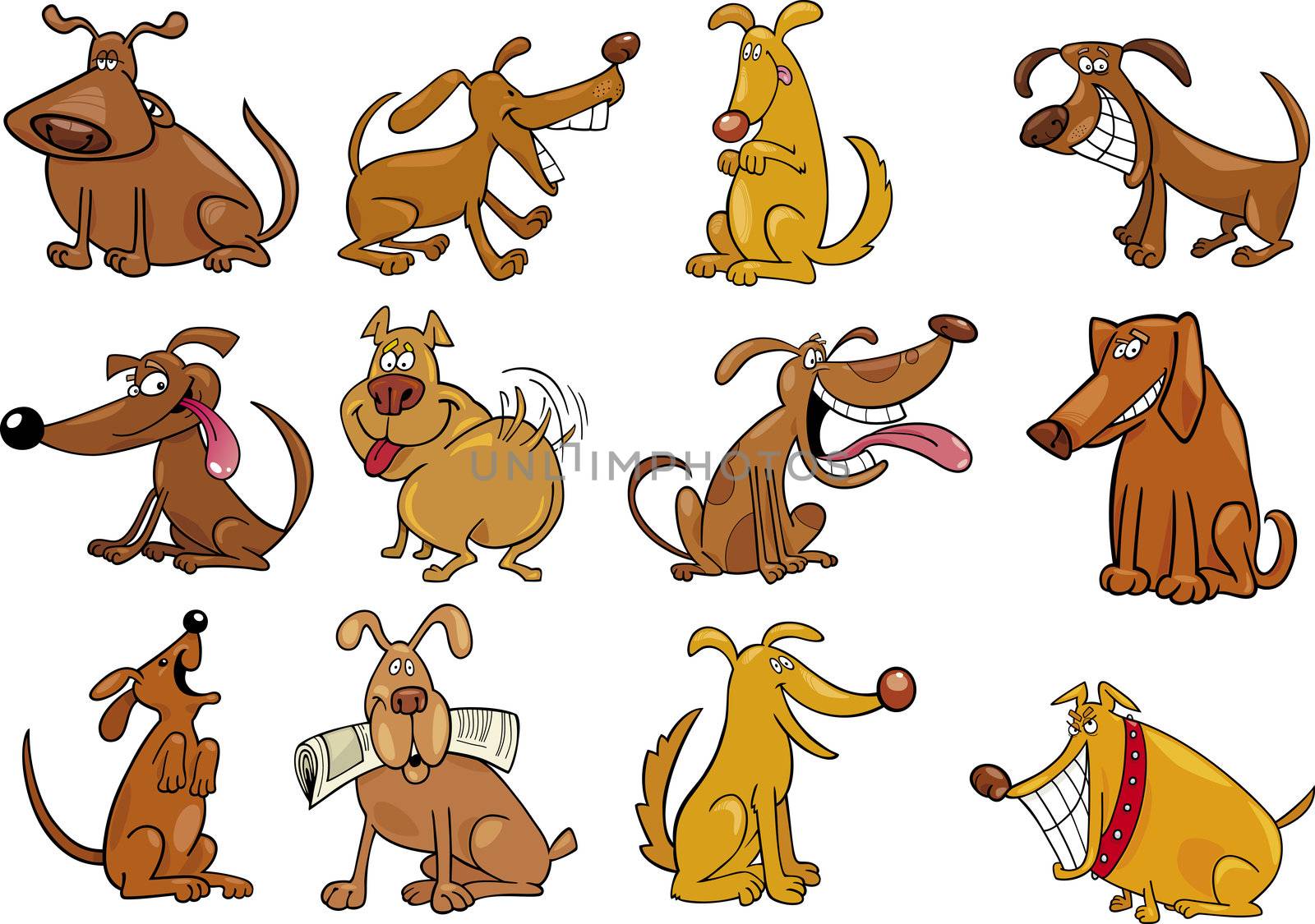 cartoon illustration of funny different dogs set