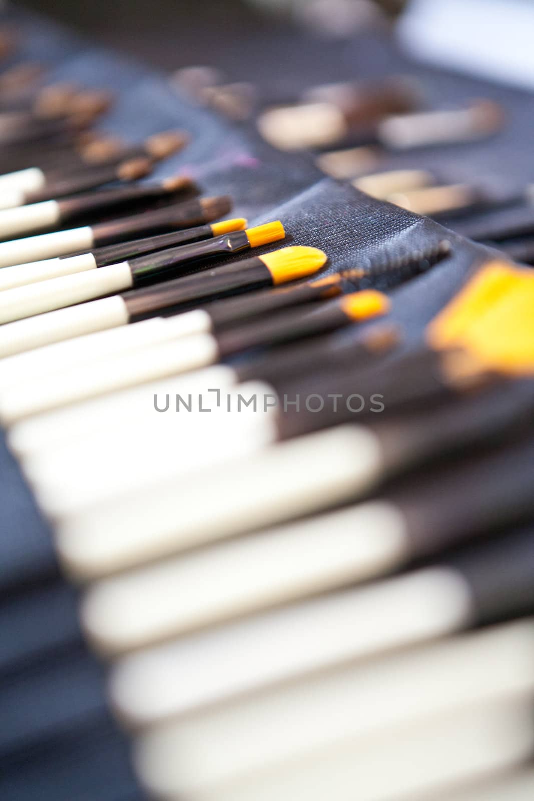 make up brushes in a case closeup by juniart