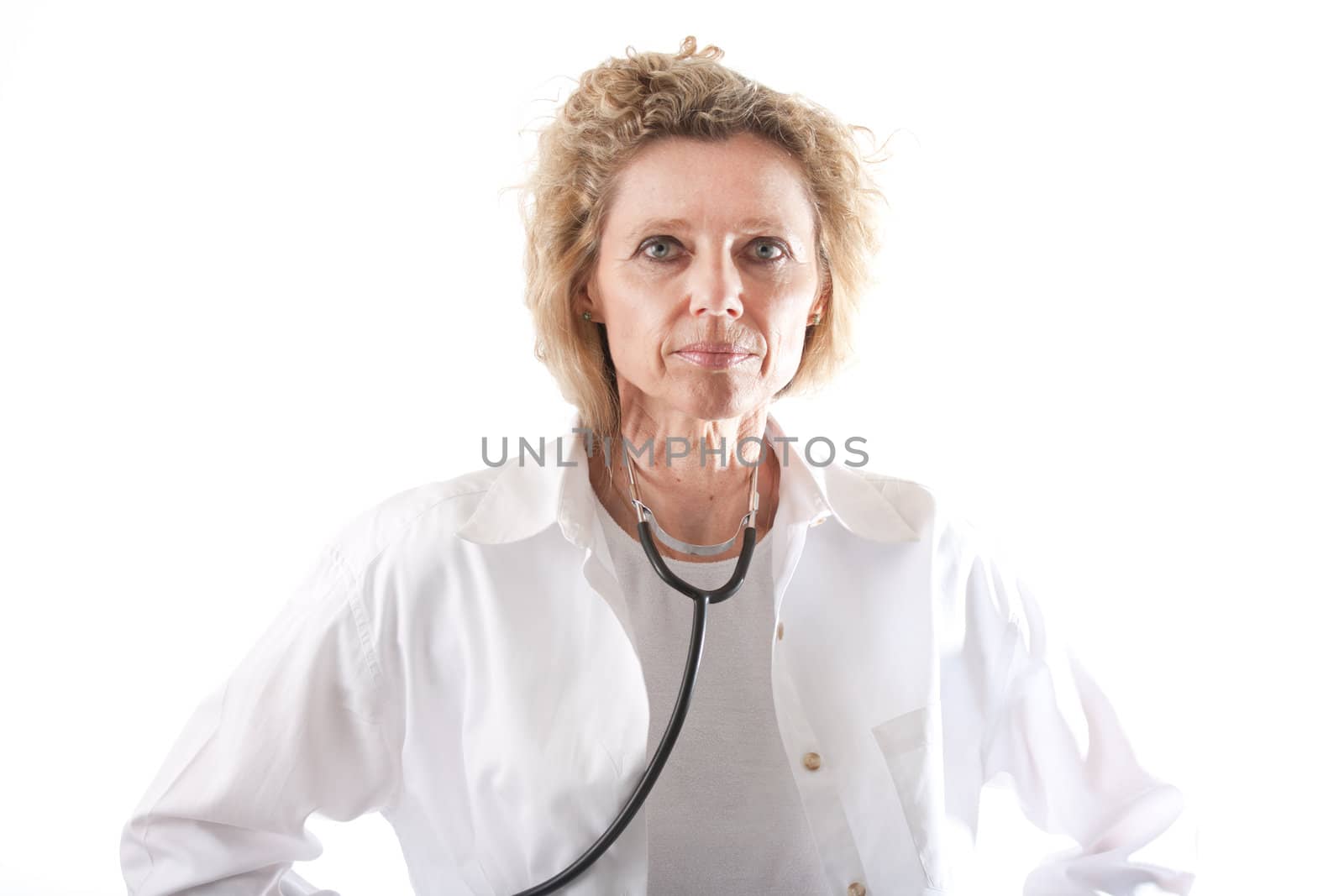 Female Doctor middle aged in uniform with stethoscope