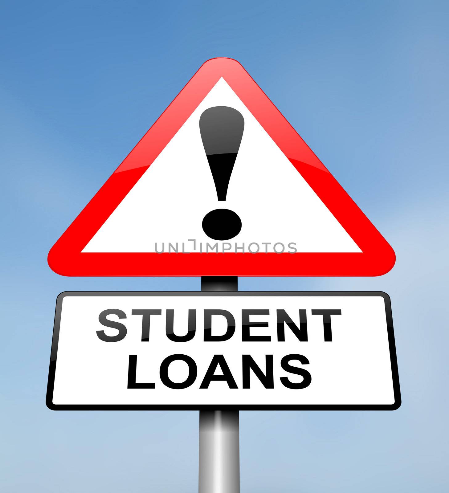 Illustration depicting a red and white triangular warning sign with a student loans concept. Blurred sky background.