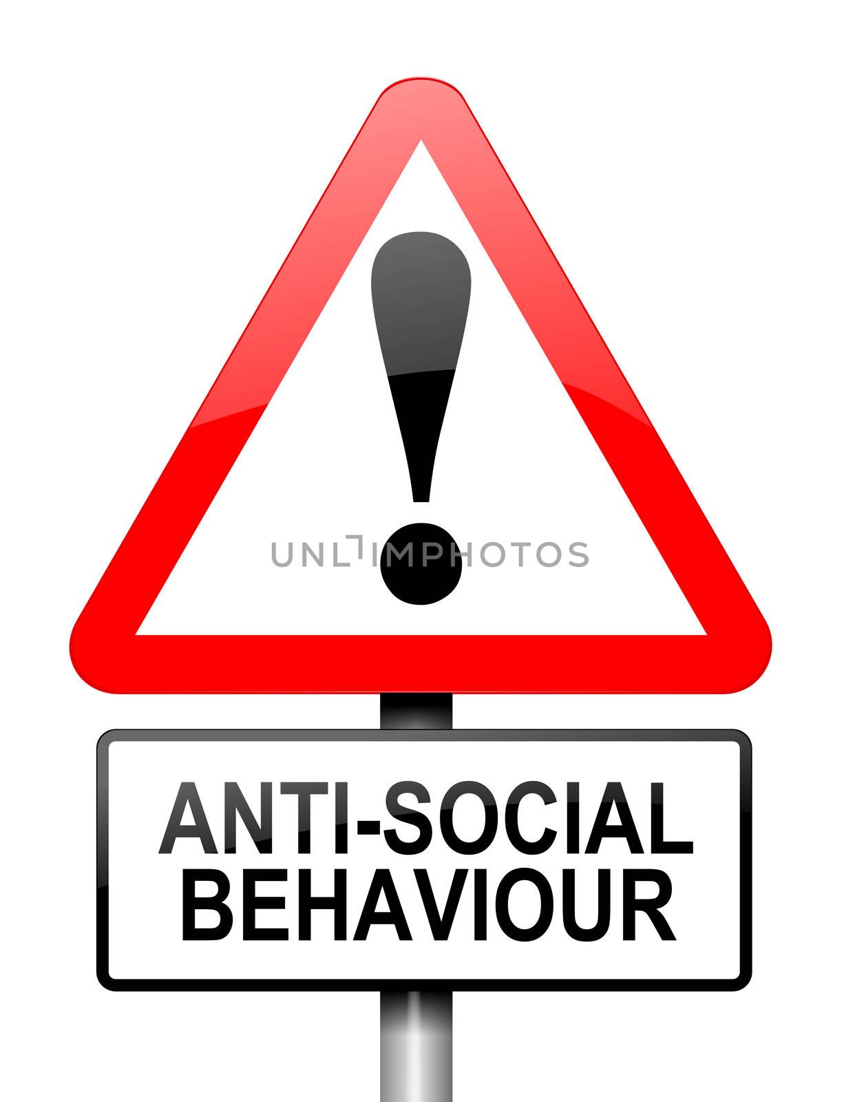 Illustration depicting a red and white triangular warning sign with a anti social behaviour concept. White background.