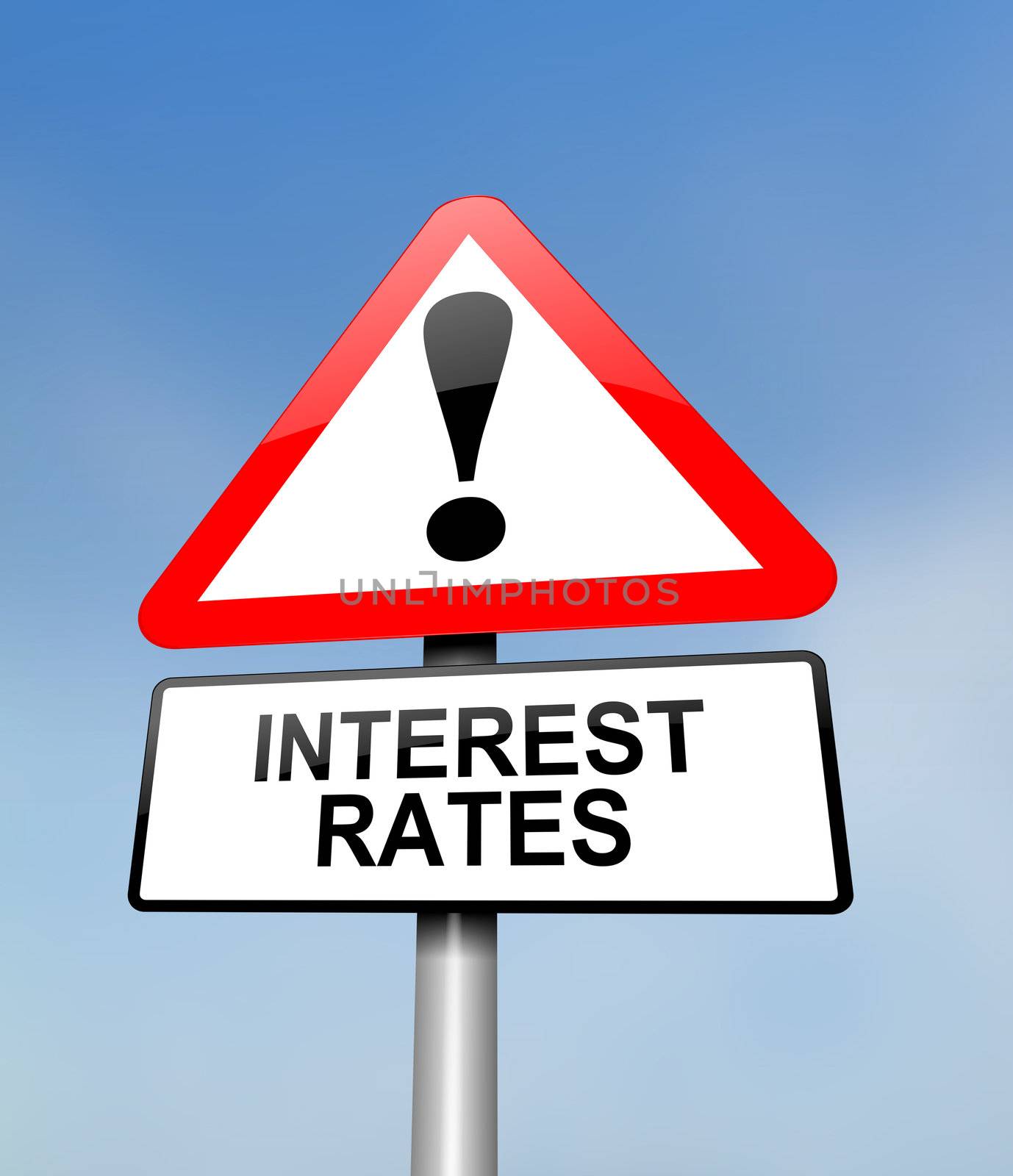 Illustration depicting a red and white triangular warning sign with an interest rates concept. Blurred sky background.