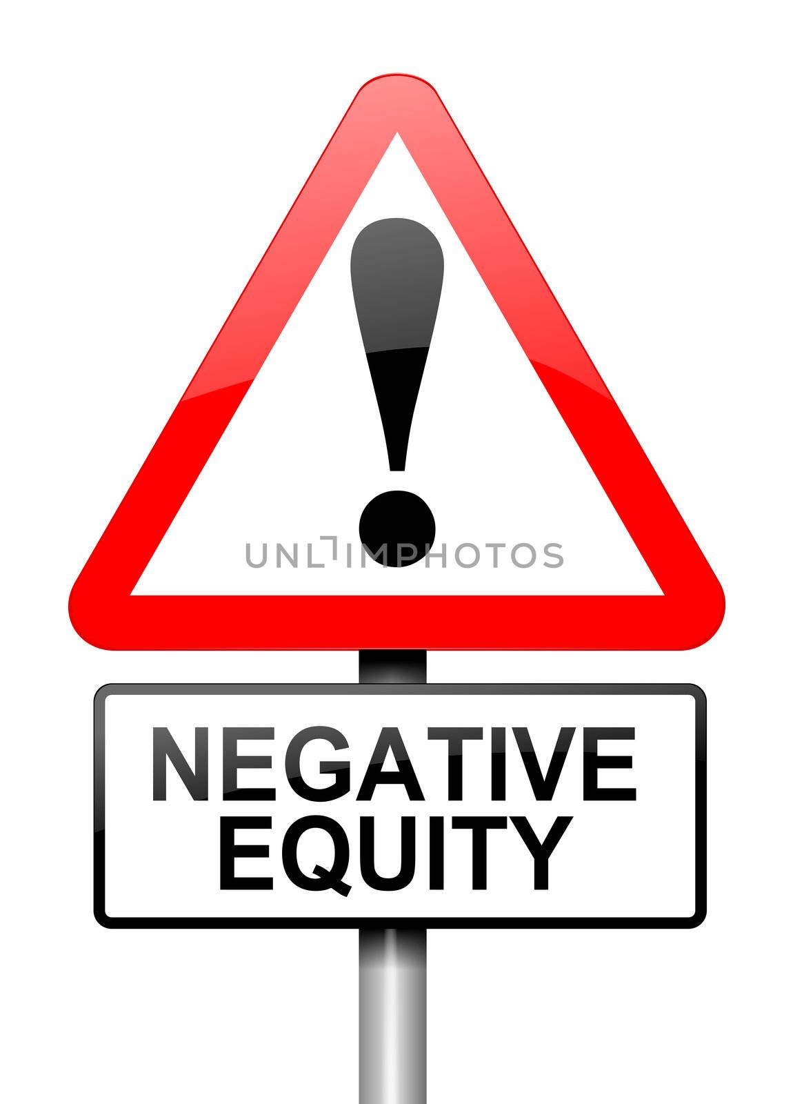 Illustration depicting a red and white triangular warning sign with a negative equity concept. White background.