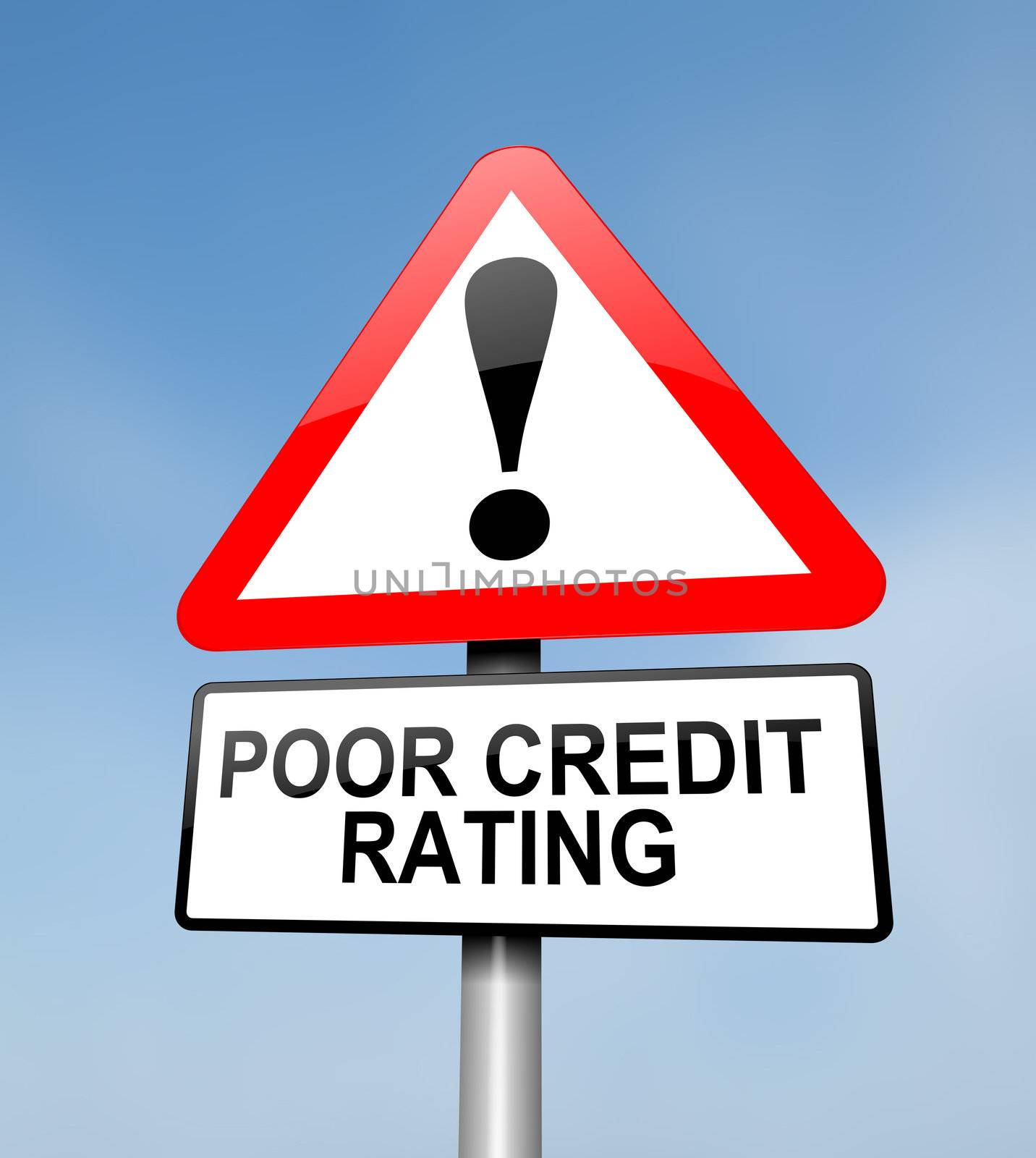 Illustration depicting a red and white triangular warning sign with a credit rating concept. Blurred sky background.