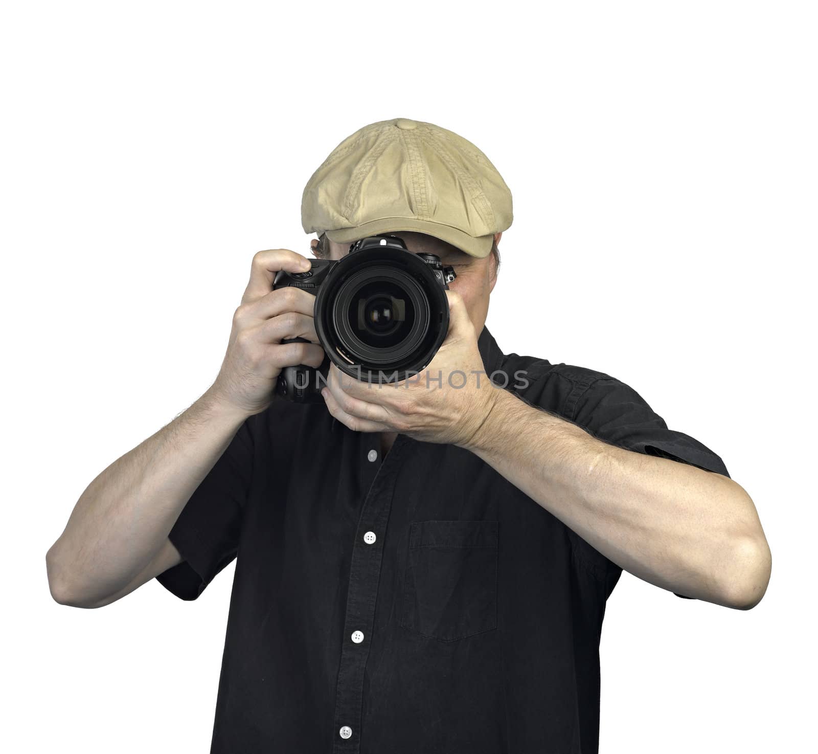 Men's hands held camera on white background