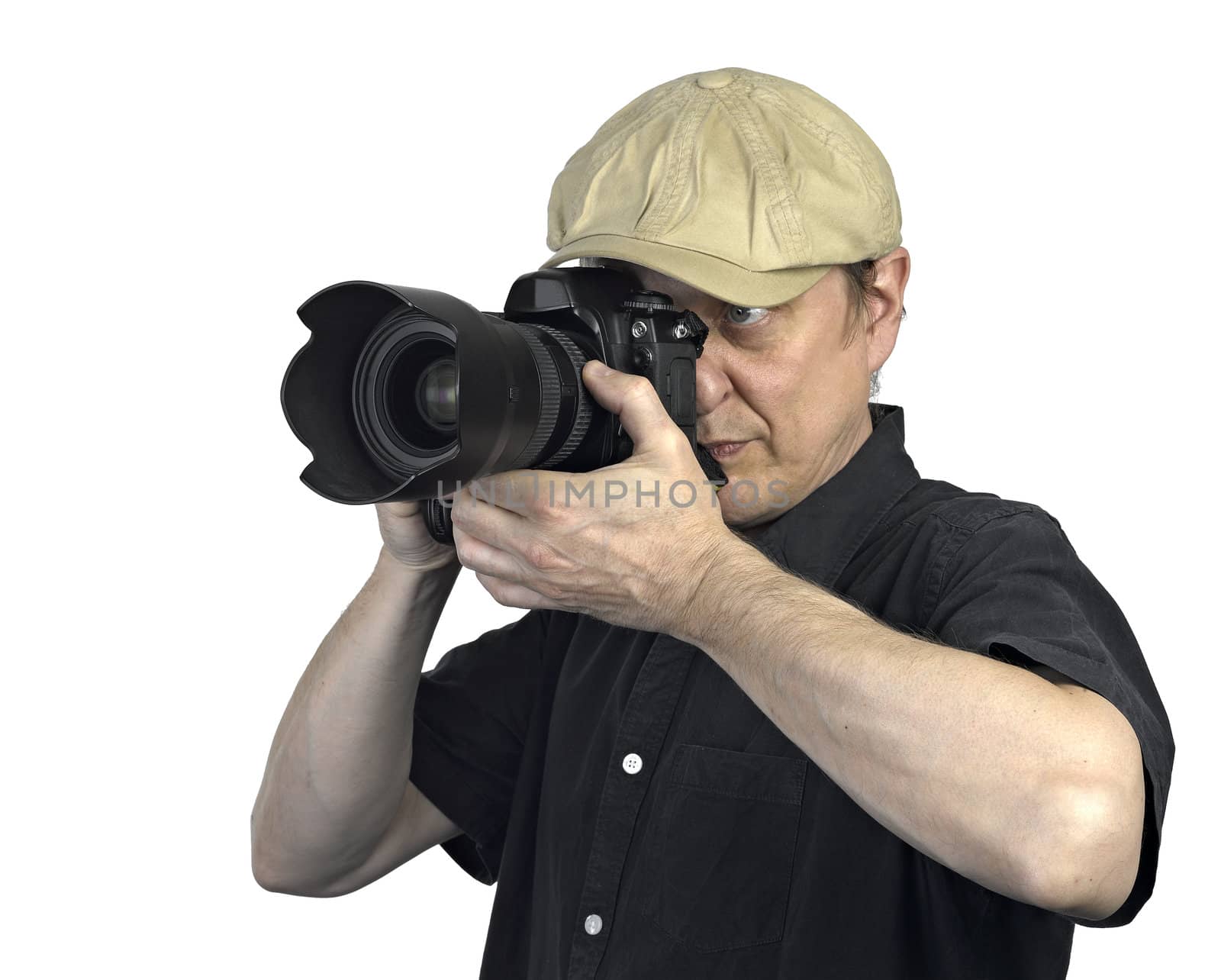 a man with photo camera on white background